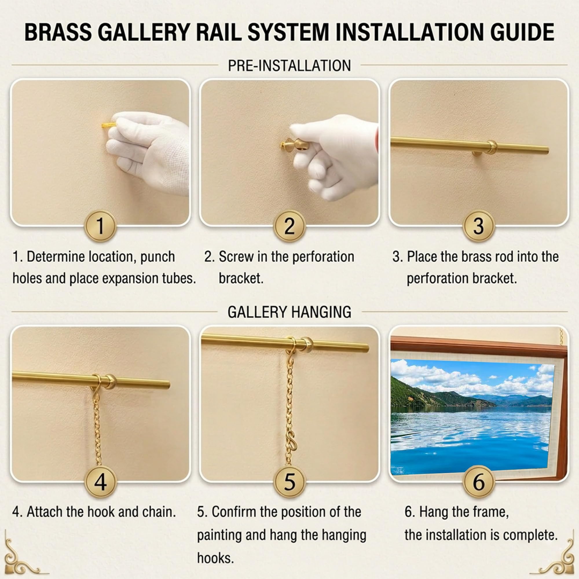 System de colgado con riel para cuadros, kit de alambre de latón para colgar obras, ideal para decoración de paredes estilo museo y galerías domésticas(250cm/98.4in)