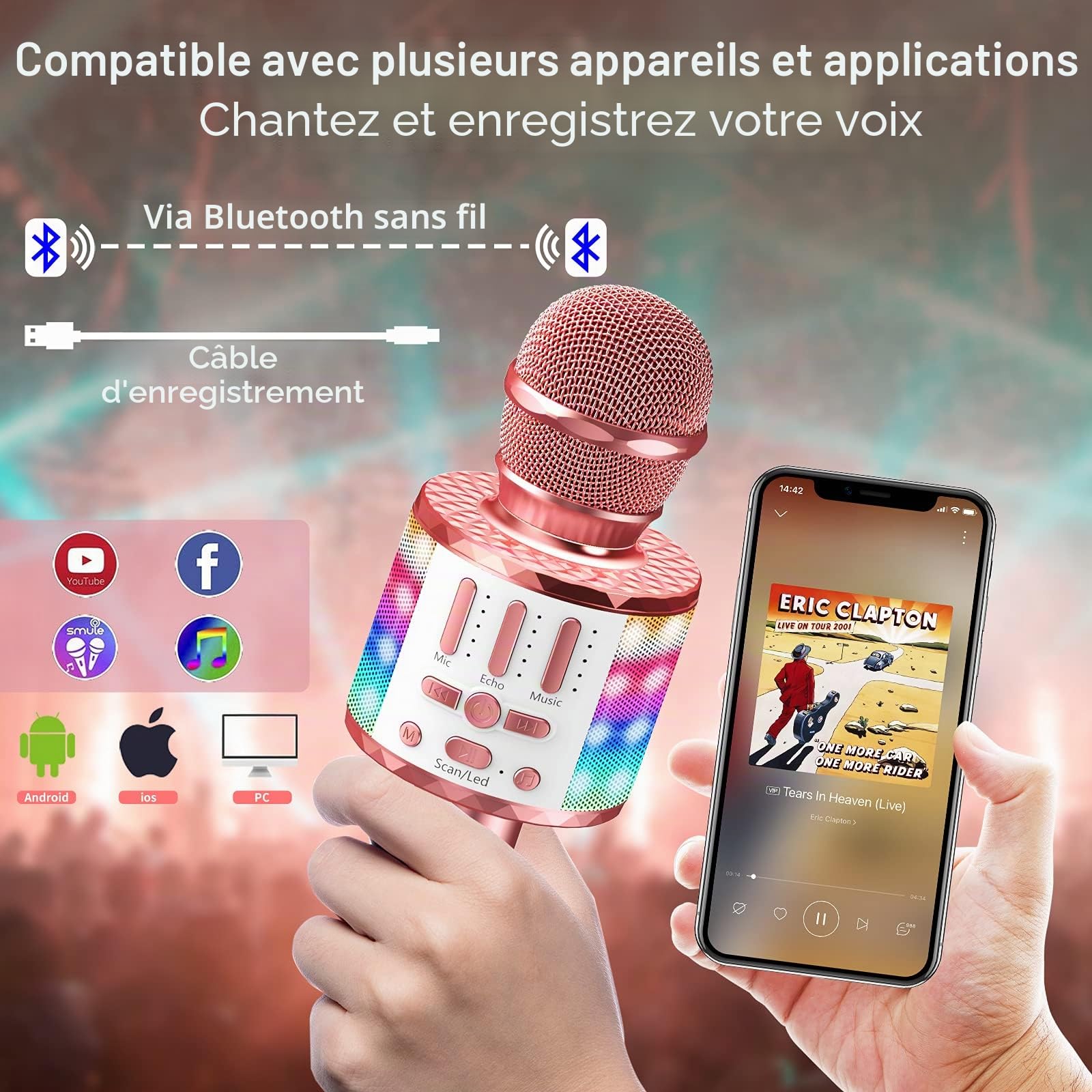 Microphone Sans Fil Bluetooth , Portable Karaoké Micro Haut-Parleur Avec LumièRe, Pour Enfants/Adultes Chanter Club Noël Anniversaire Soiree Famille Youtube Live, Idée Cadeau