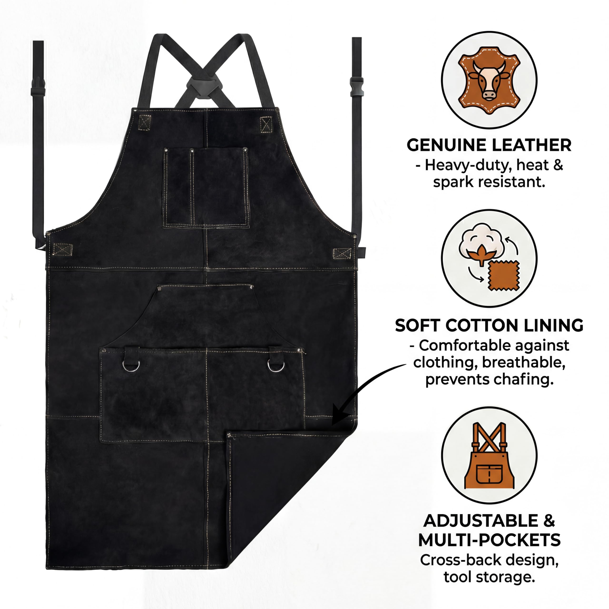 Grembiule da Saldatura in Pelle con Fodera Morbida – Resistente al Calore, Ignifugo, Grembiule Protettivo Robusto con Tasche Multiple