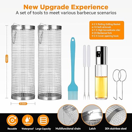 Miniatura 3 de Crwahie - 2 cestas rodantes para parrilla, cesta redonda de acero inoxidable, cesta de parrilla redonda de malla, cilíndrica portátil, accesorios de