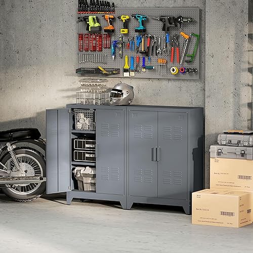 Miniatura 9 de HOMCOM Gabinete de almacenamiento industrial, gabinete de garaje de acero con puertas dobles y estantes ajustables, gris