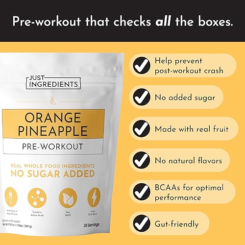 Miniatura 6 de JUST INGREDIENTS Pre-Entrenamiento  Naranja Piña  30 Porciones, Mezcla de BCAA, Beta Alanina, Malato de Citrulina, Ginseng, Raíz de Maca, Taurina