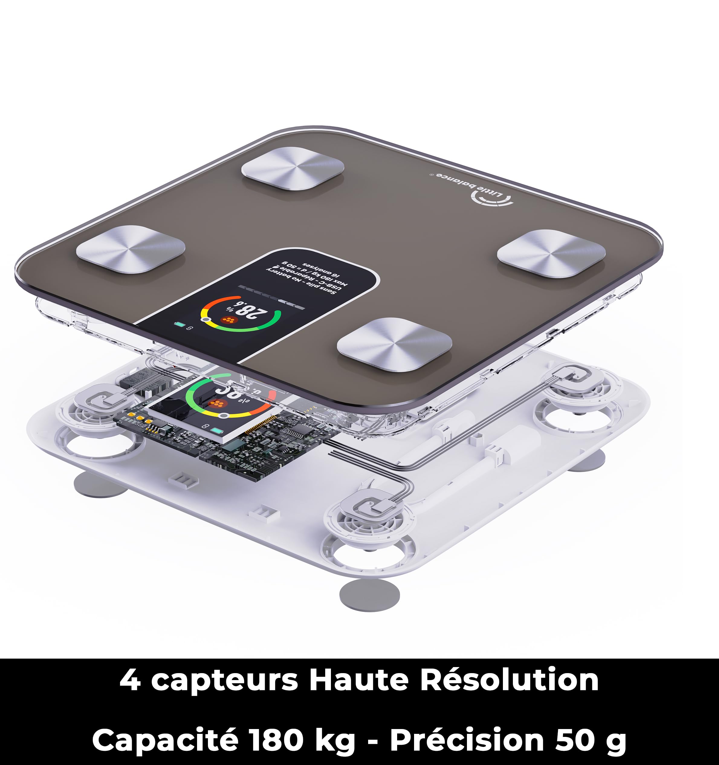 LITTLE BALANCE 8837 IC-X4-TFT, Pèse Personne, Ecran XXL couleur, Balance Impédancemètre Connecté, Pèse-personne Intelligent avec application, Sans Pile USB-C, 4 électrodes, 22 mesures, 180 kg/50 g