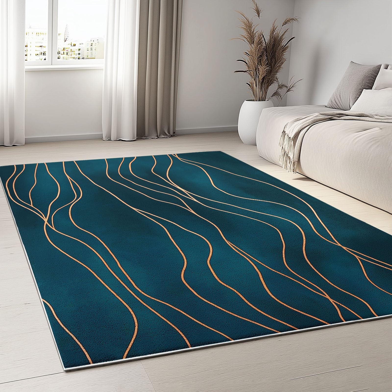 Tapis Moelleux de Salon Moelleux Lignes ondulées dorées Modèle adaptés à la Chambre à Coucher des Enfants décor à la Maison de la Chambre à Coucher intérieure Tapis (Bleu canard foncé 160 x 230cm)