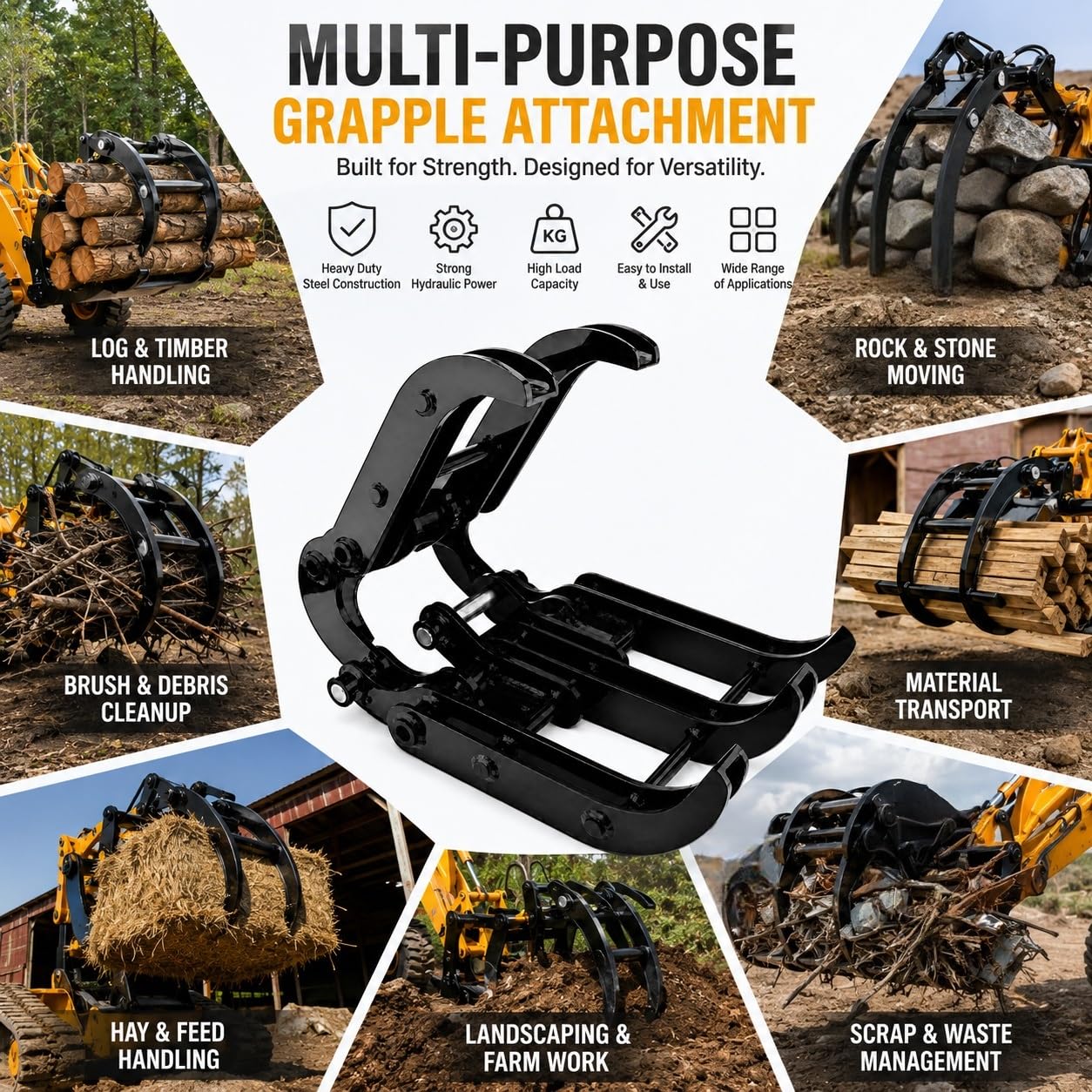 Attacco Benna Grapple per Mini Escavatore 0,8–1,8 Ton, Pinza Idraulica per Legno, Rocce e Metalli, Apertura 90 mm, Foro 25 mm, Accessorio Escavatore Compatto Professionale