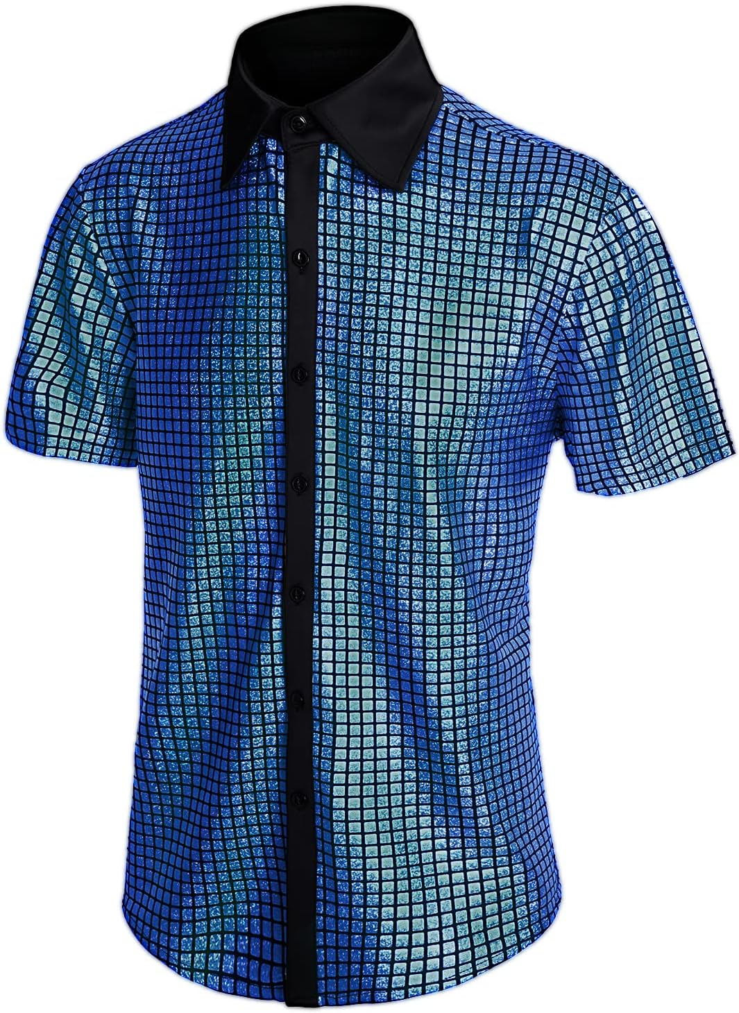 Men's 70s Disco Shirt Sequin Short Sleeve Button Shirt Shiny Party Prom Costume