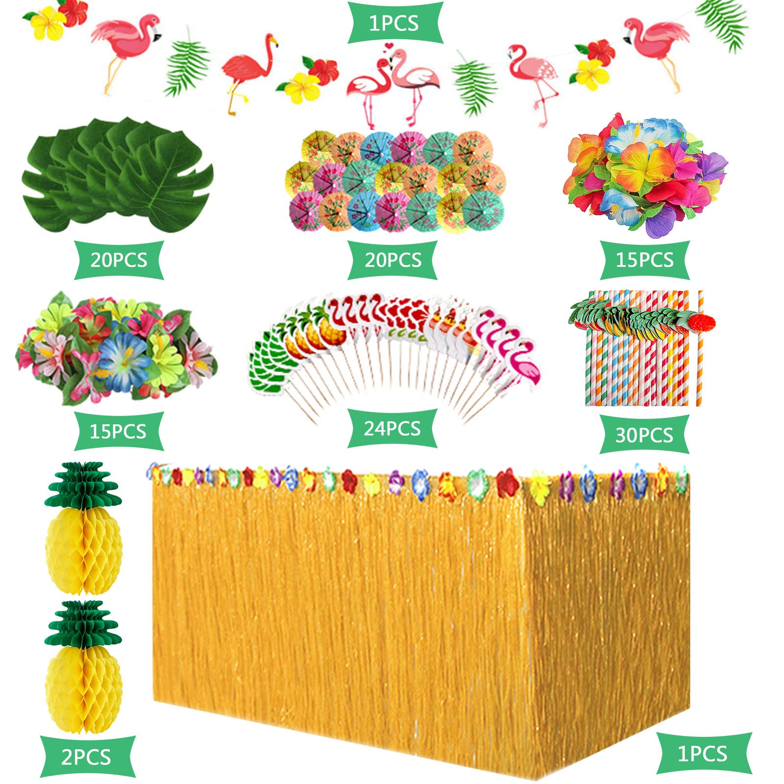 128 Pezzi Gonna Tavolo Hawaiana Tovaglia da Tavolo Set, Foglie di Palma Fiori Hawaiani Cake Topper per Il Partito Luau Hawaiano Decorazioni da Tavola