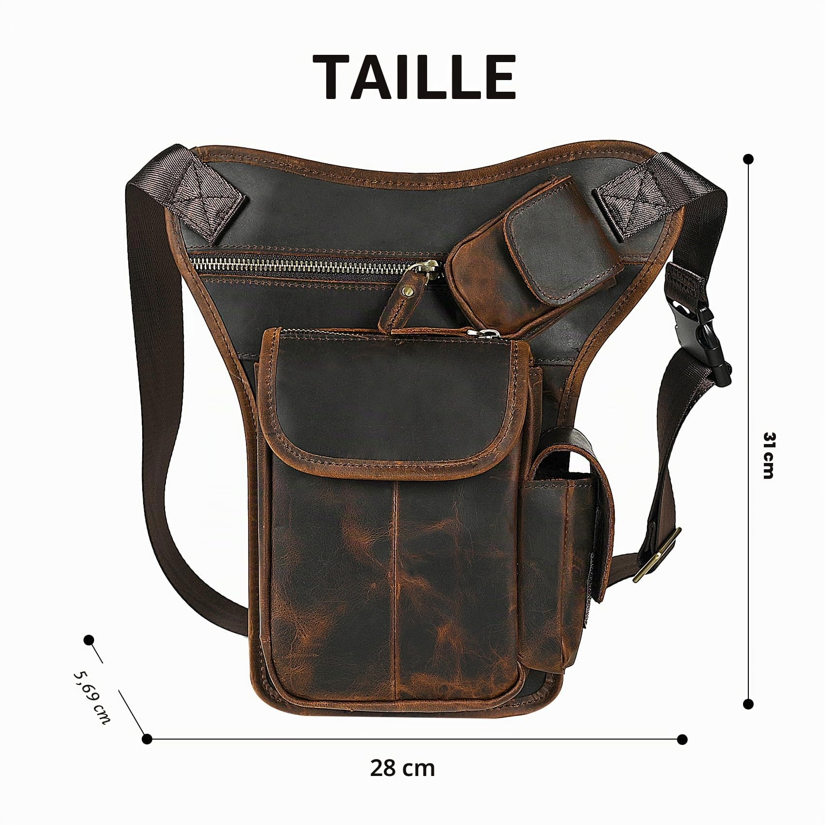 Toile Imperméable + Cuir Véritable Moto Fanny Sac de Taille Waist Bag Cuisses Sacs pour Les Jambes pour Hommes Femmes FB211-8 (100% Cuir véritable - x3106 Marron)