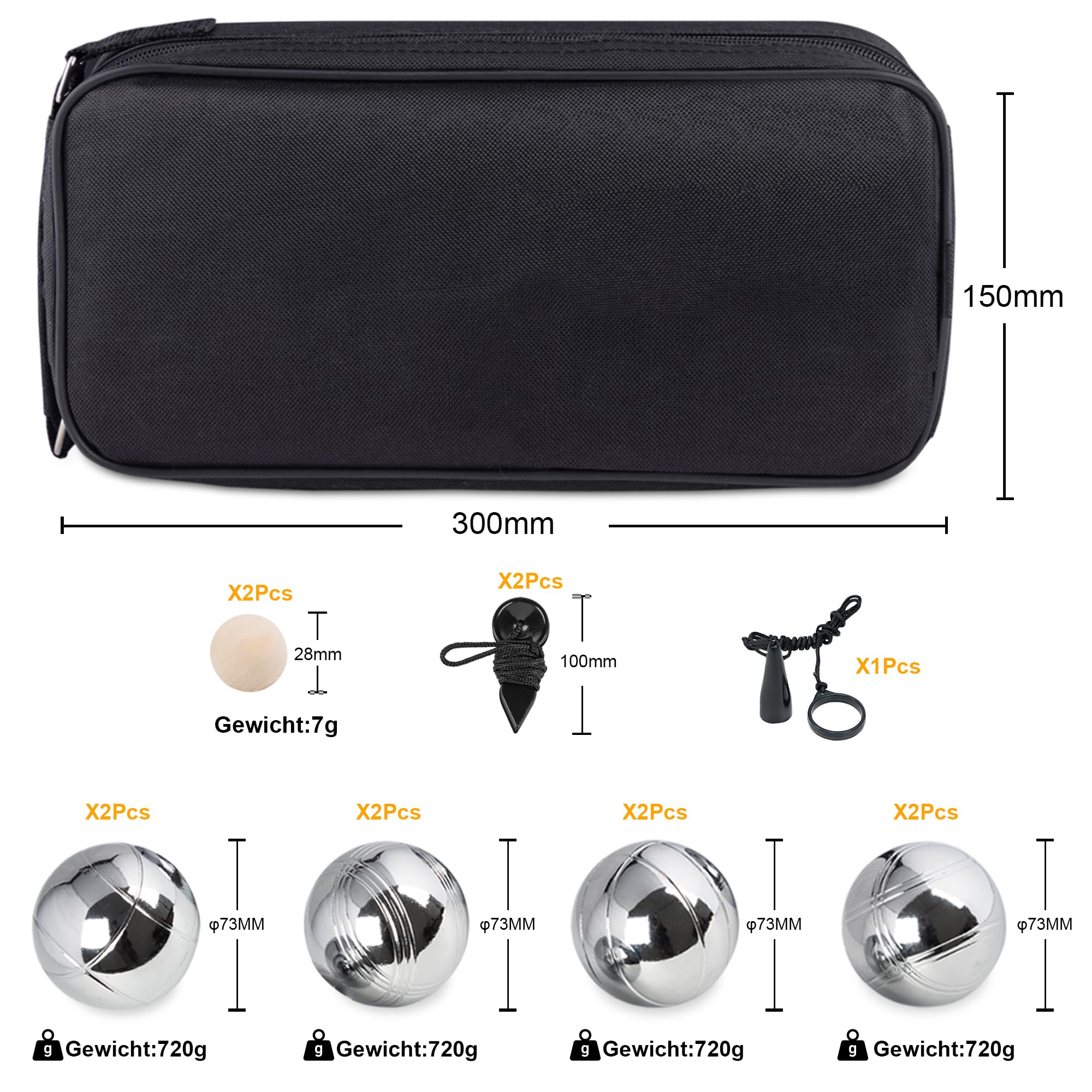 Generisch Boule Set Petanque 8 Metallkugeln Ø73mm, 2 Zielkugeln, 2 Entfernungsmesser, 1 Magnet, Boccia Spiel mit Tragetasche, Robustes Outdoor Garten Camping Strand Spielset für Familie und Freunde
