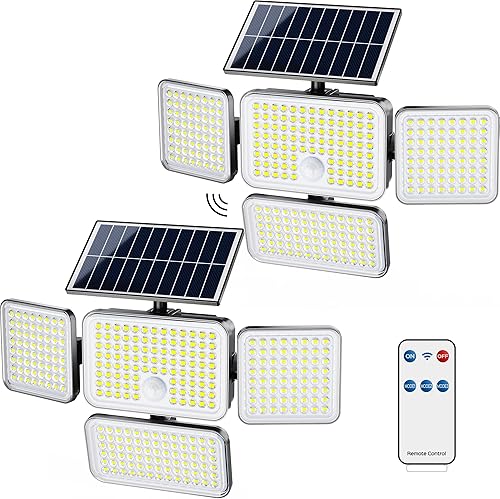 JACKYLED Luces solares para exteriores, luces solares con sensor de movimiento de 2500 lúmenes, 304 LED, 4 cabezales, luces solares para exteriores