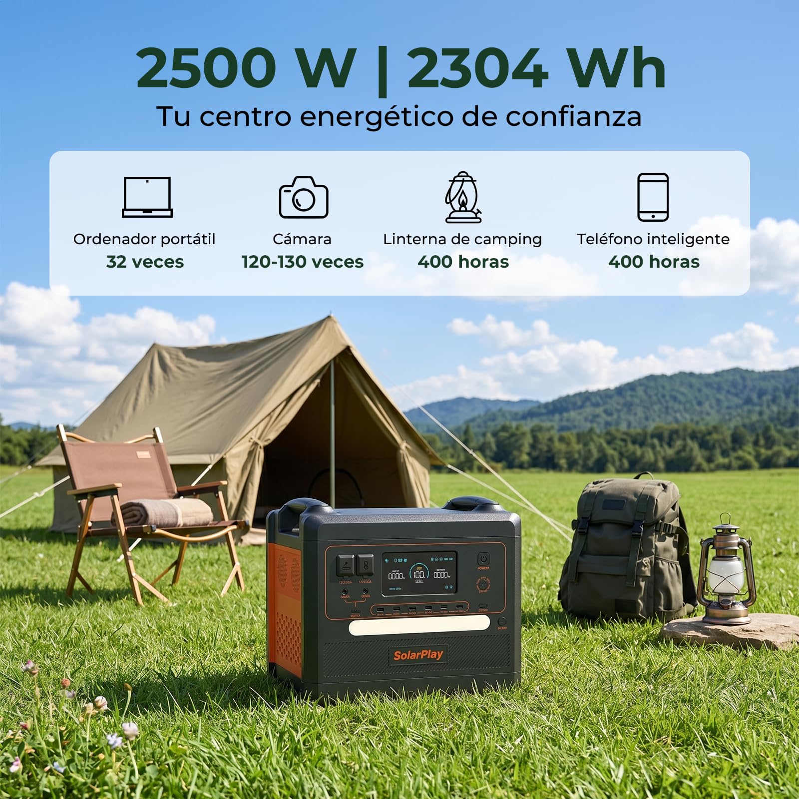 SolarPlay Estacion de Energia Portatil 2500W, 2300Wh Generador Solar con Batería LiFePO4, Salida 12 Puertos, Power Station Portable para Camping, Autocaravana, Emergencia (Q2402M)