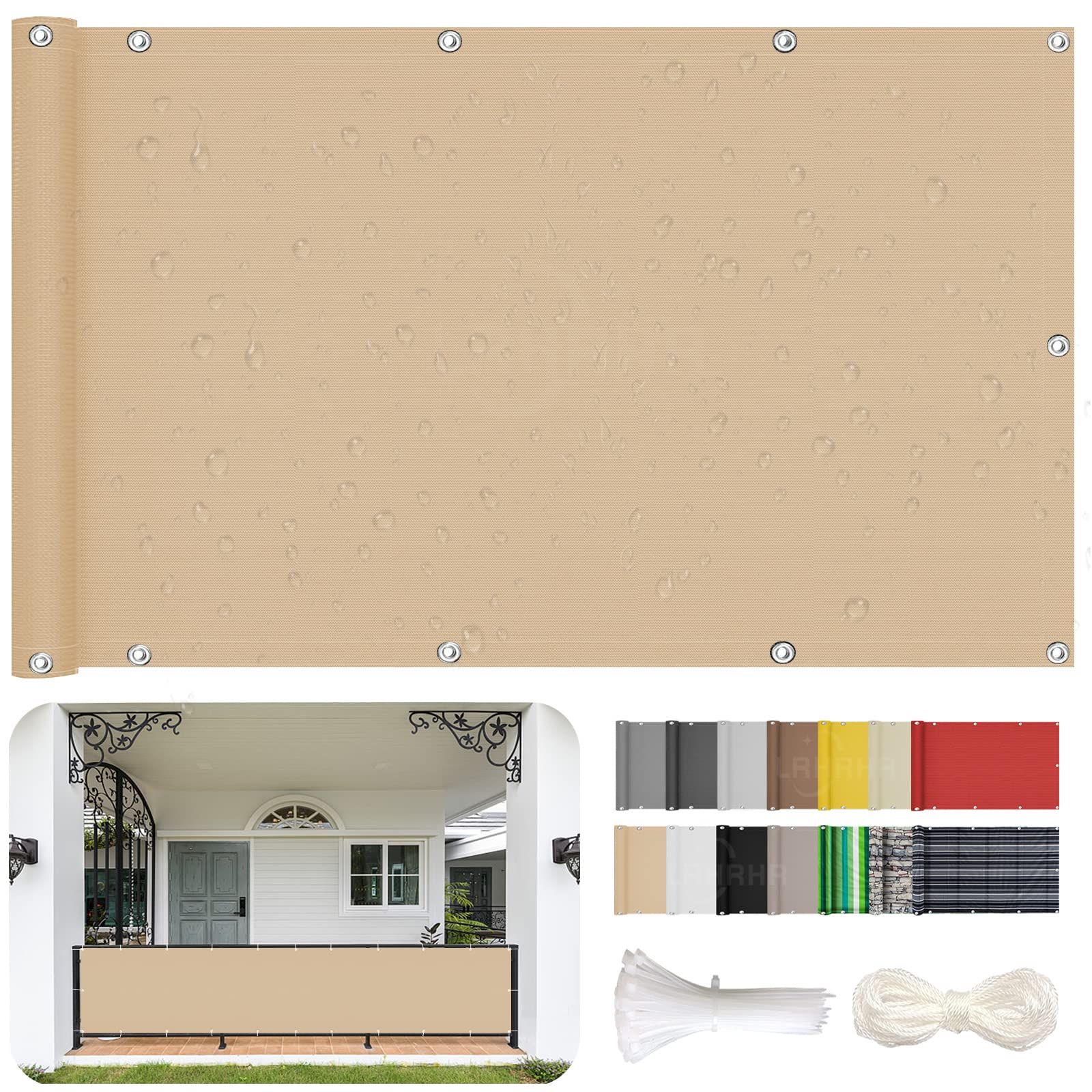 Osłona balkonowa, ochrona przed wzrokiem, na patio, wodoodporna, blokada promieniowania UV, osłona balkonowa z opaskami kablowymi i liną, piaskowa, 60 x 1000 cm