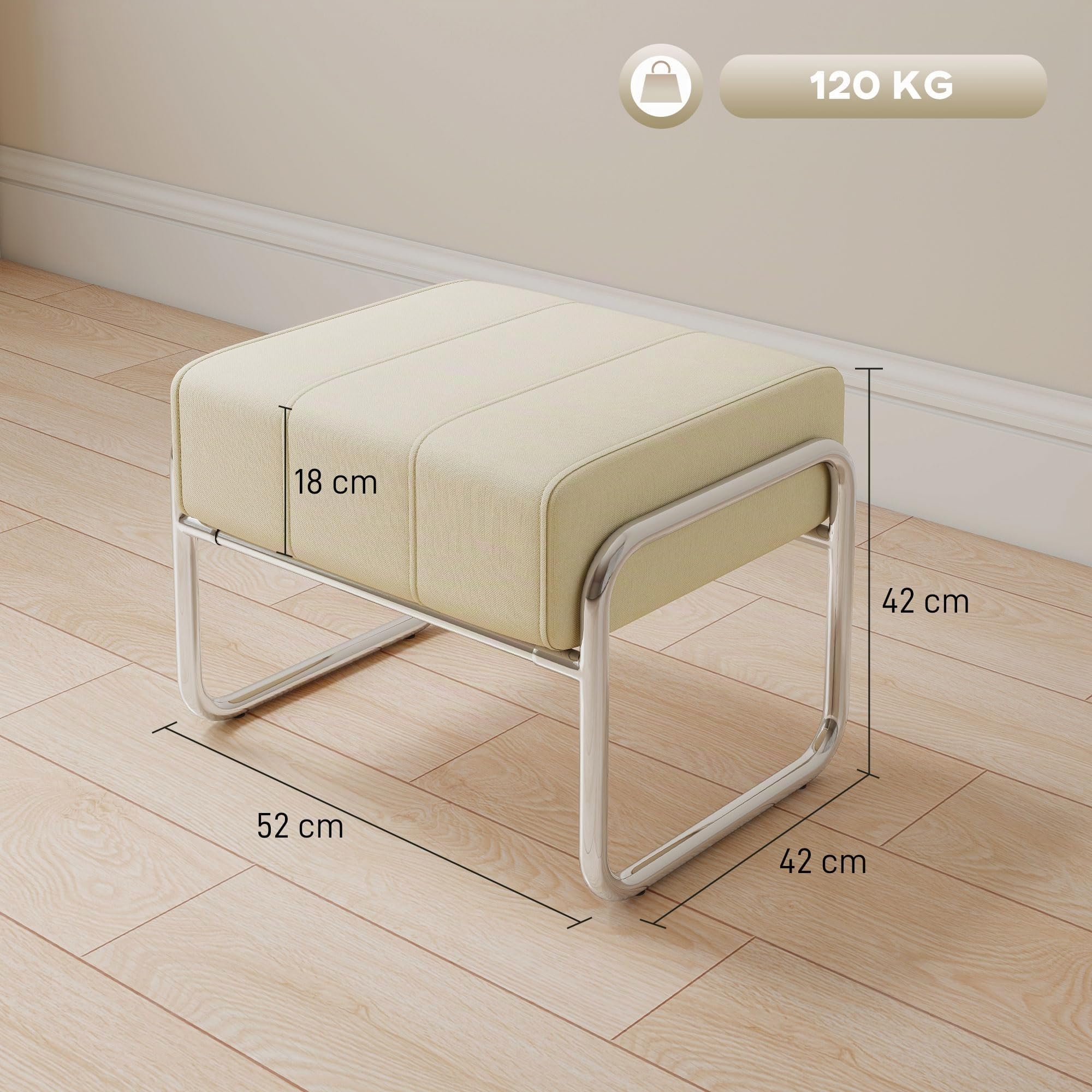 HOMCOM Fußhocker Dick Gepolstert mit Stahlbeinen Chenille-Stoff Beige