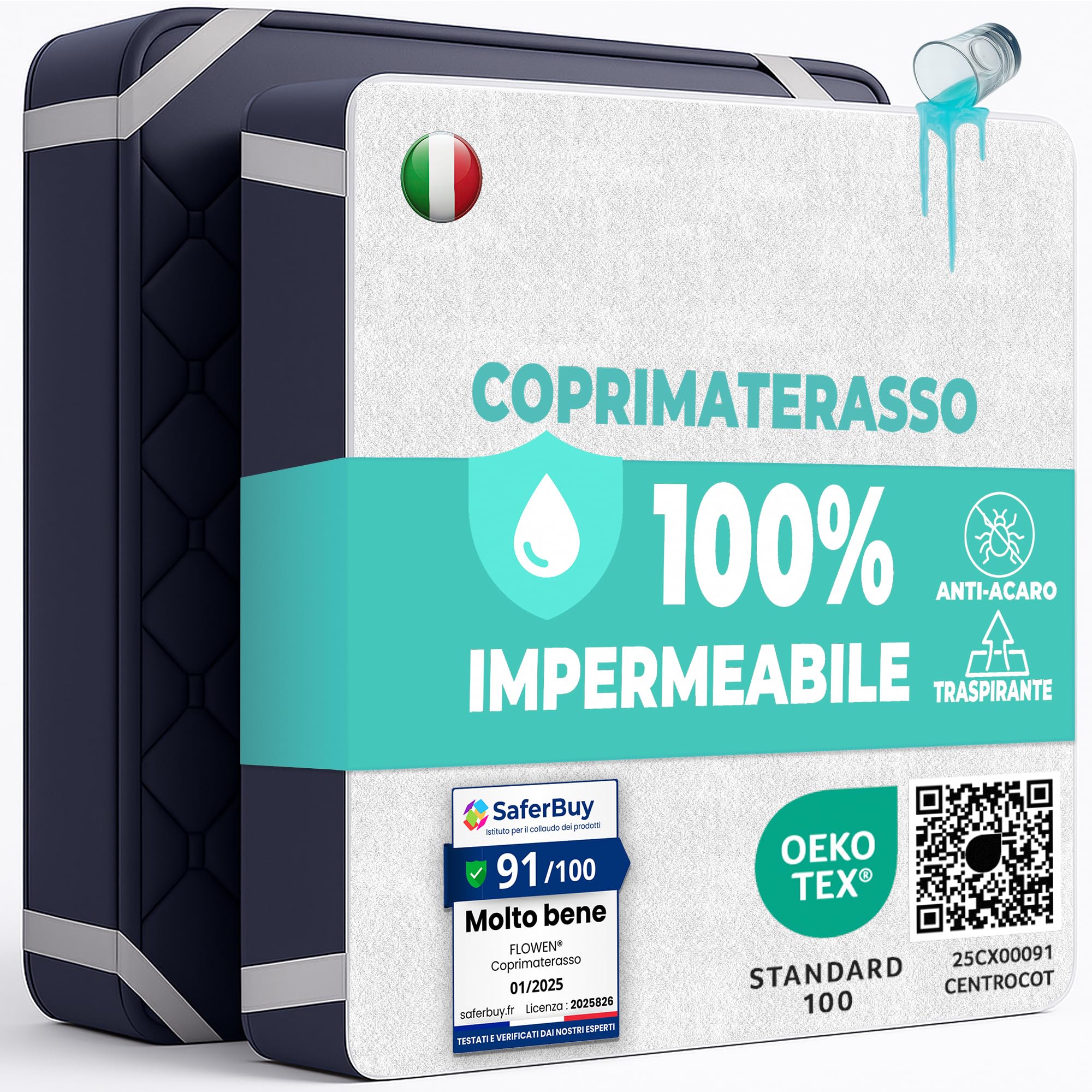 Coprimaterasso Matrimoniale Impermeabile 180x200 cm 2pz Lenzuolo in Cotone Cerata Letto King Protezione Salva Materasso Traversa Traspirante Antiacaro Anallergico Lavabile in Lavatrice con 4 Elastici