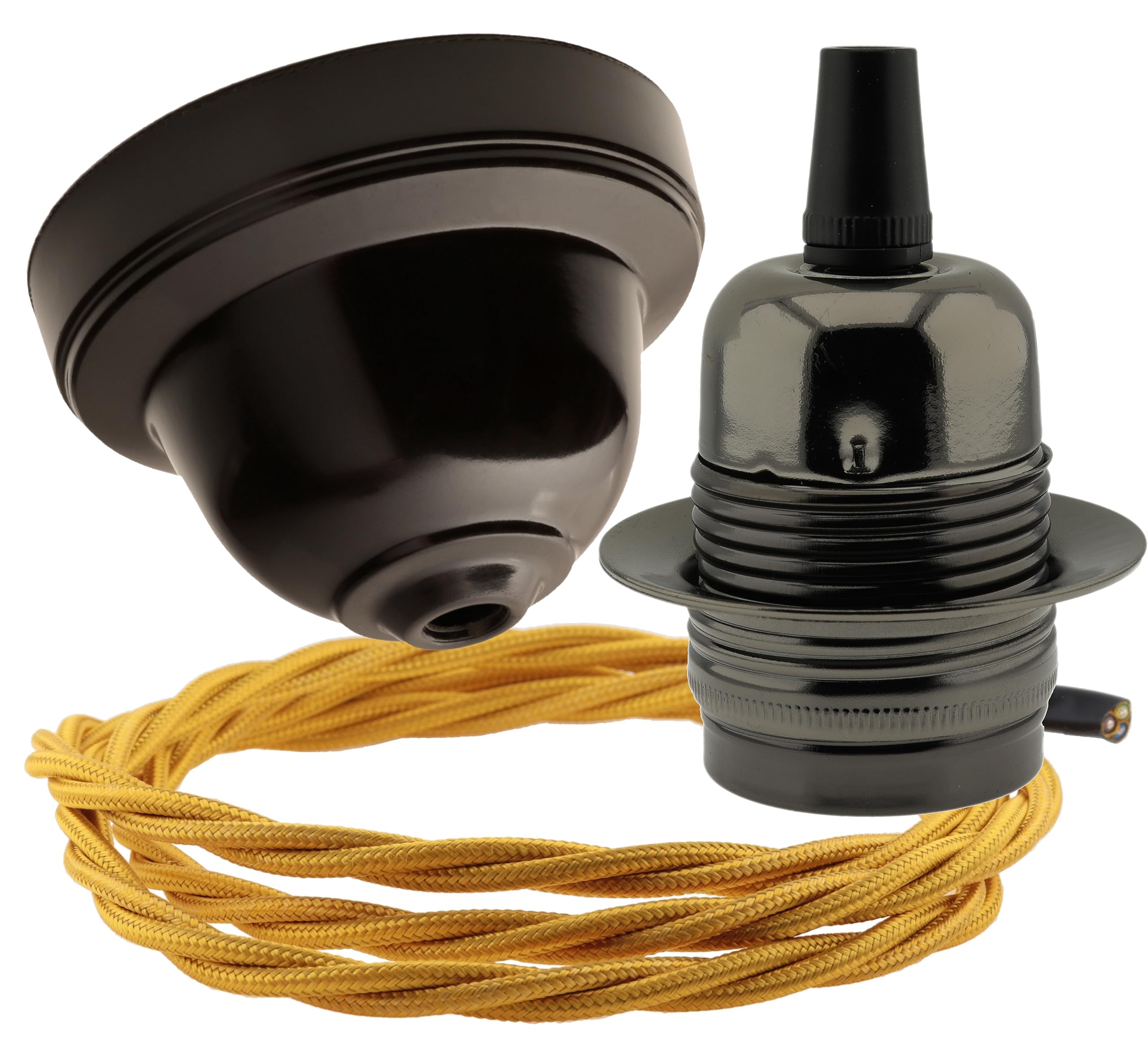 Repaireum Ltd. Vintage Styled Ceiling Pendant Kit incl. Black Bakelite Rose, Traditional E27 Lampholder in Antique Bras and 3 Core Gold Braided Twisted Flex