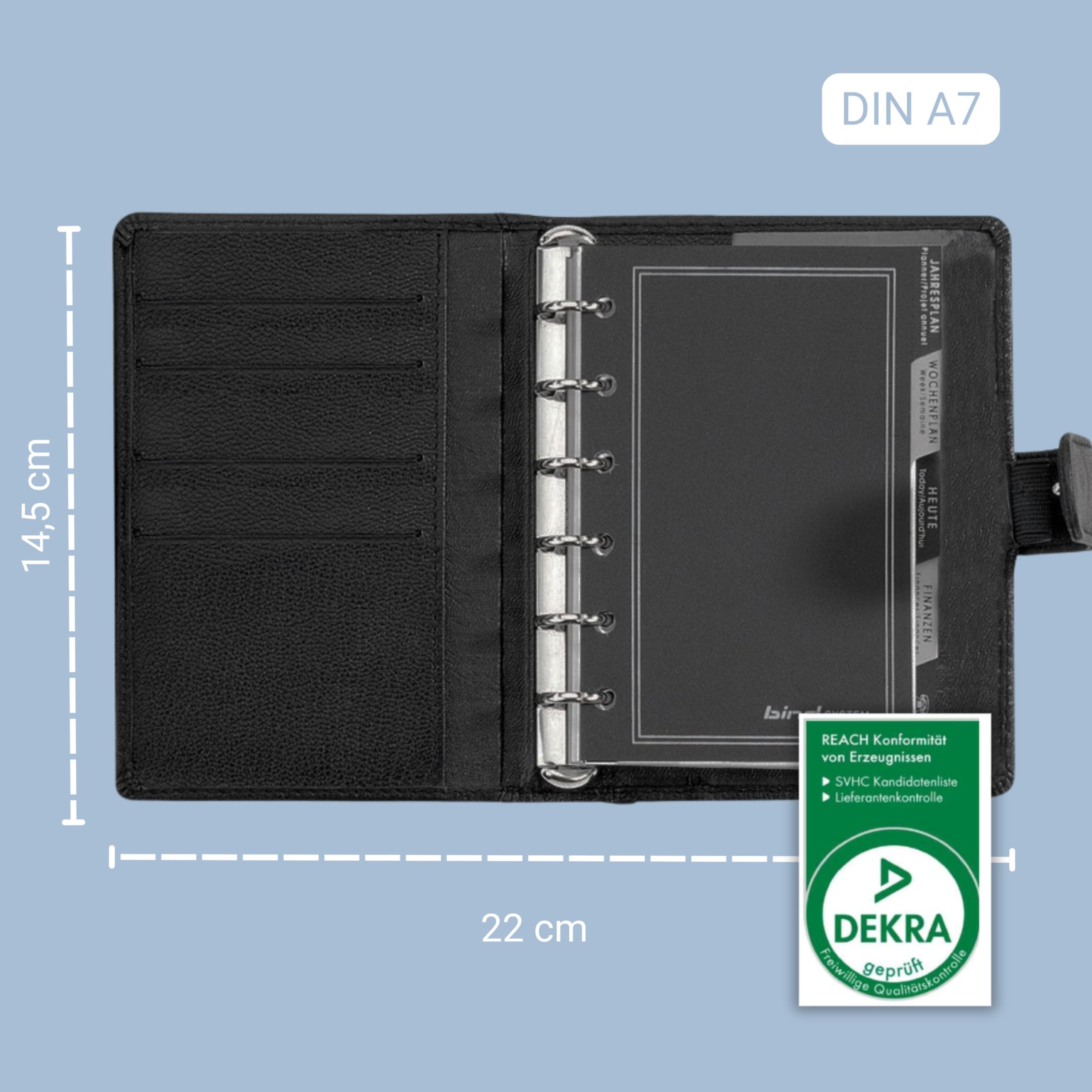 Bind - 77 T Mini Sistema Planner A7 Incl 1 Settimana = 2 Pagine Calendario, Vera Pelle Nera