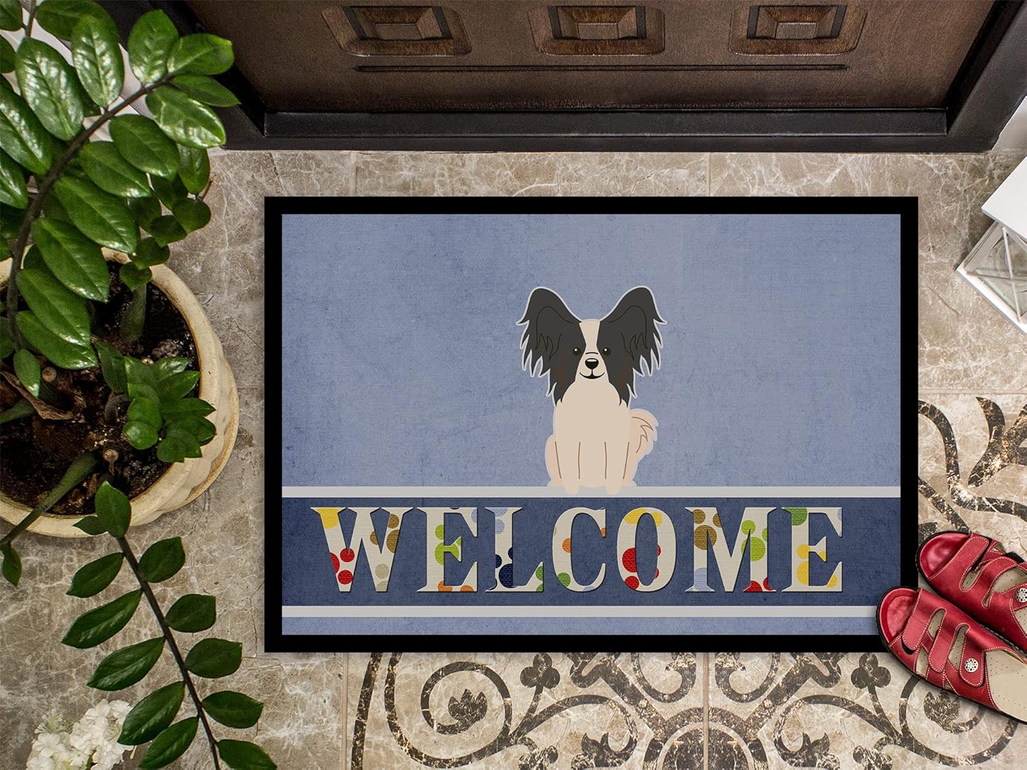 Caroline's Treasures BB5657MAT Papillon Black White Welcome Doormat 18x27 Front Door Mat Indoor Outdoor Rugs for Entryway, Non Slip Washable Low Pile, 18H X 27W