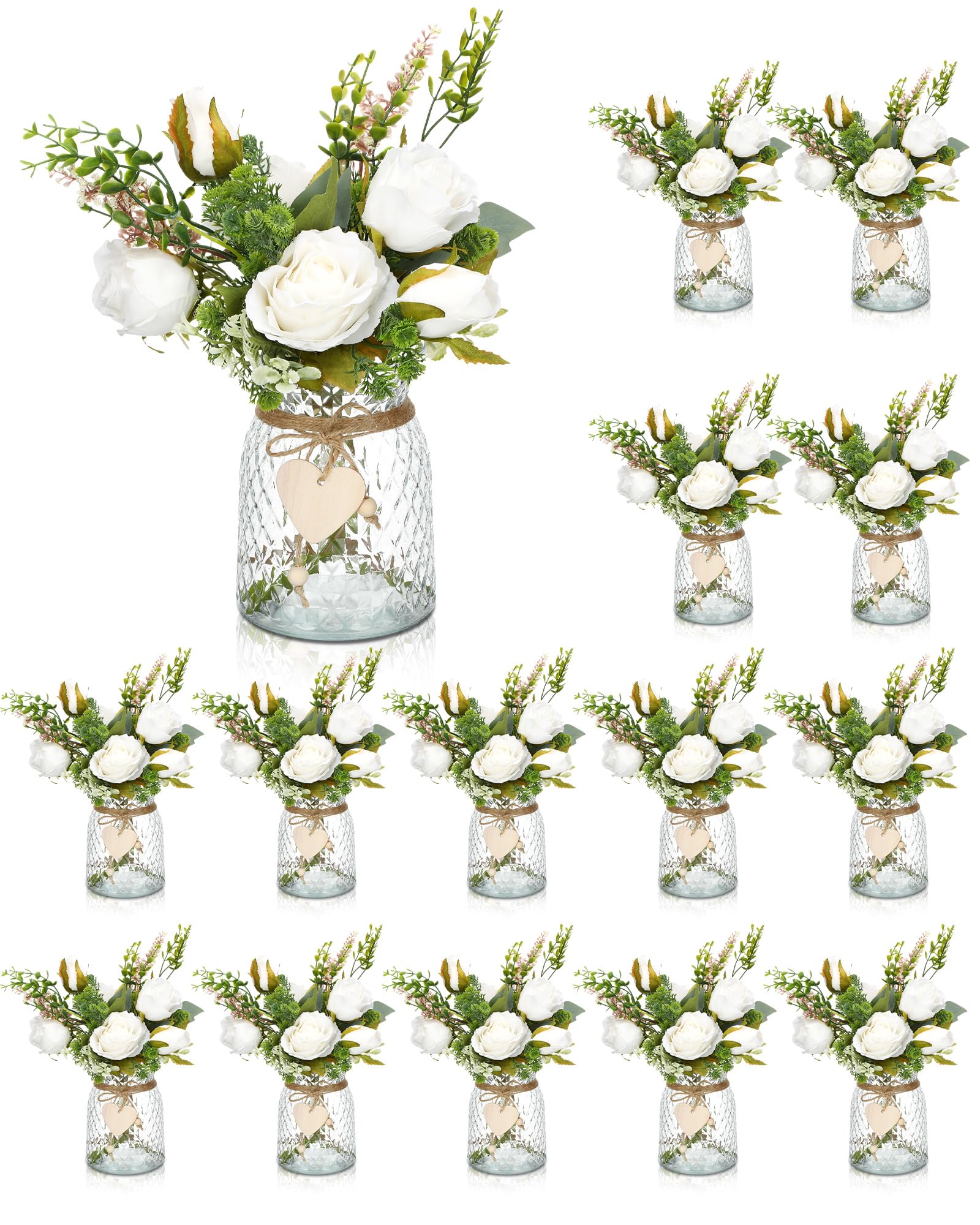 12 Pack Silk Roses Artificial Flowers in Vase Faux Flowers with Vase Wedding Centerpieces for Tables Farmhouse Faux Flower Arrangements for Kitchen Bathroom Living Room Office Home, White