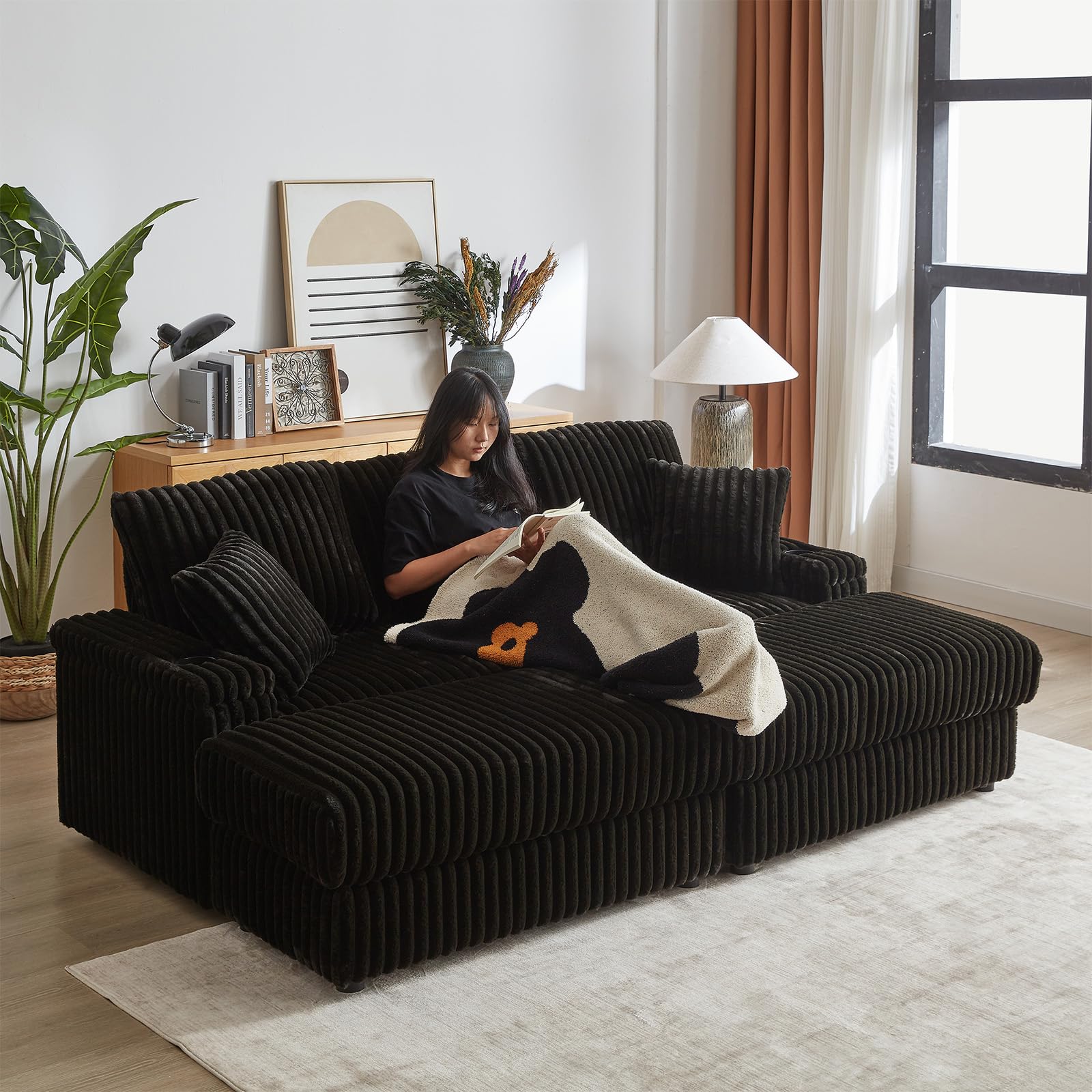 Oversized Chaise Lounge Chair Indoor, Comfy Corduroy Upholstered Sleeper Couch, Modern Deep Seat Reading Three-Seater Sofa with 2 Ottomans for Living Room, Apartment(Black, 84 inch)