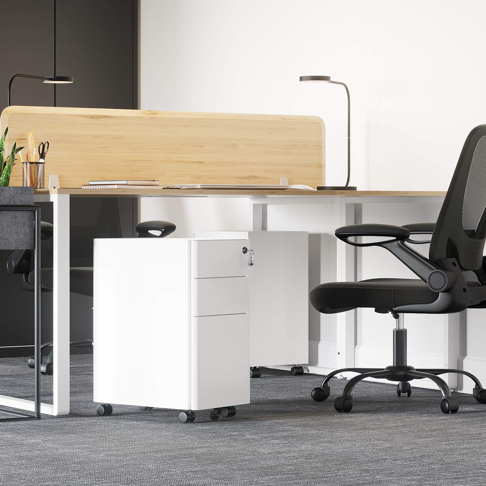 SONGMICS Caisson de Bureau, avec 3 Tiroirs, Casier Verrouillable, Préassemblé, en Métal, Table pour Imprimante, pour Bureau, 46 x 30 x 59,2 cm, Blanc OFC030W01
