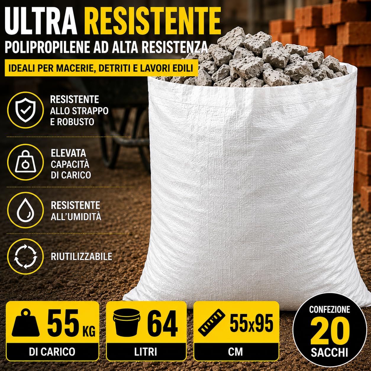 20 sacchetti da cantiere, 95 x 55 cm, in polipropilene intrecciato, ultra resistenti, con 20 fascette e 1 paio di guanti da manipolazione