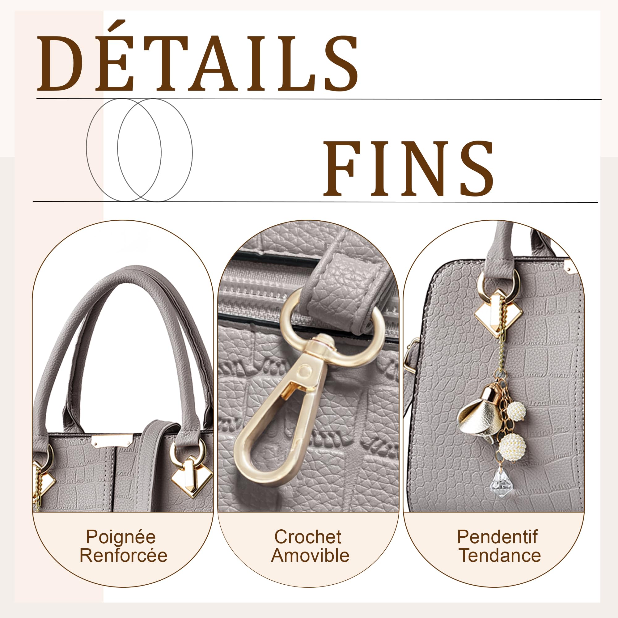 Sac a Main Femme Mode Sacs à Main Portés Epaule Cuir PU Sac Bandoulière Cabas Élégant Sac Fourre Tout pour Voyage Travail Quotidien Gris A