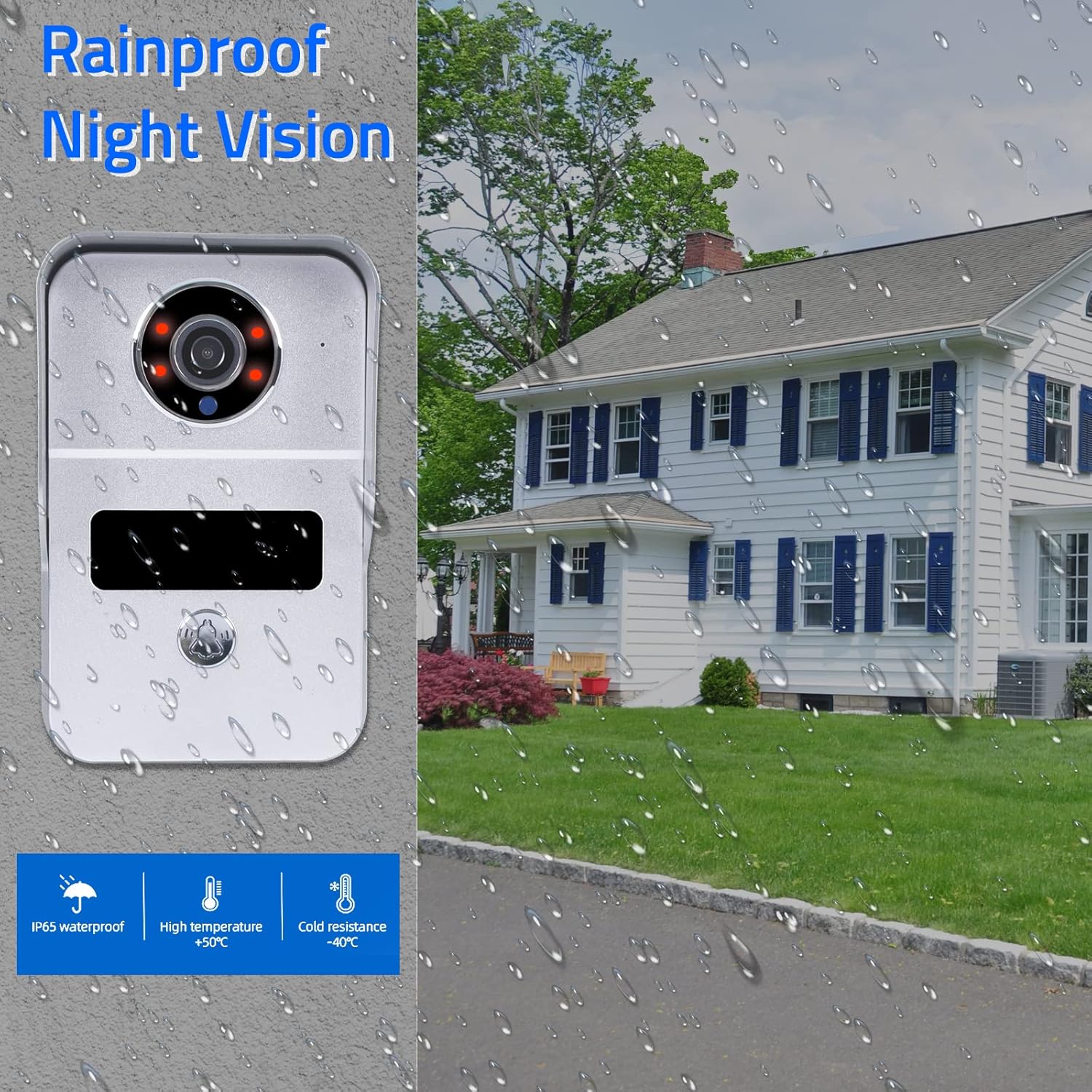 Outdoor doorbell unit installed on a wall next to a house, with rain droplets visible, illustrating its rainproof and night vision capabilities. Icons for IP65 waterproof, high temperature +50C, and cold resistance -40C are shown.
