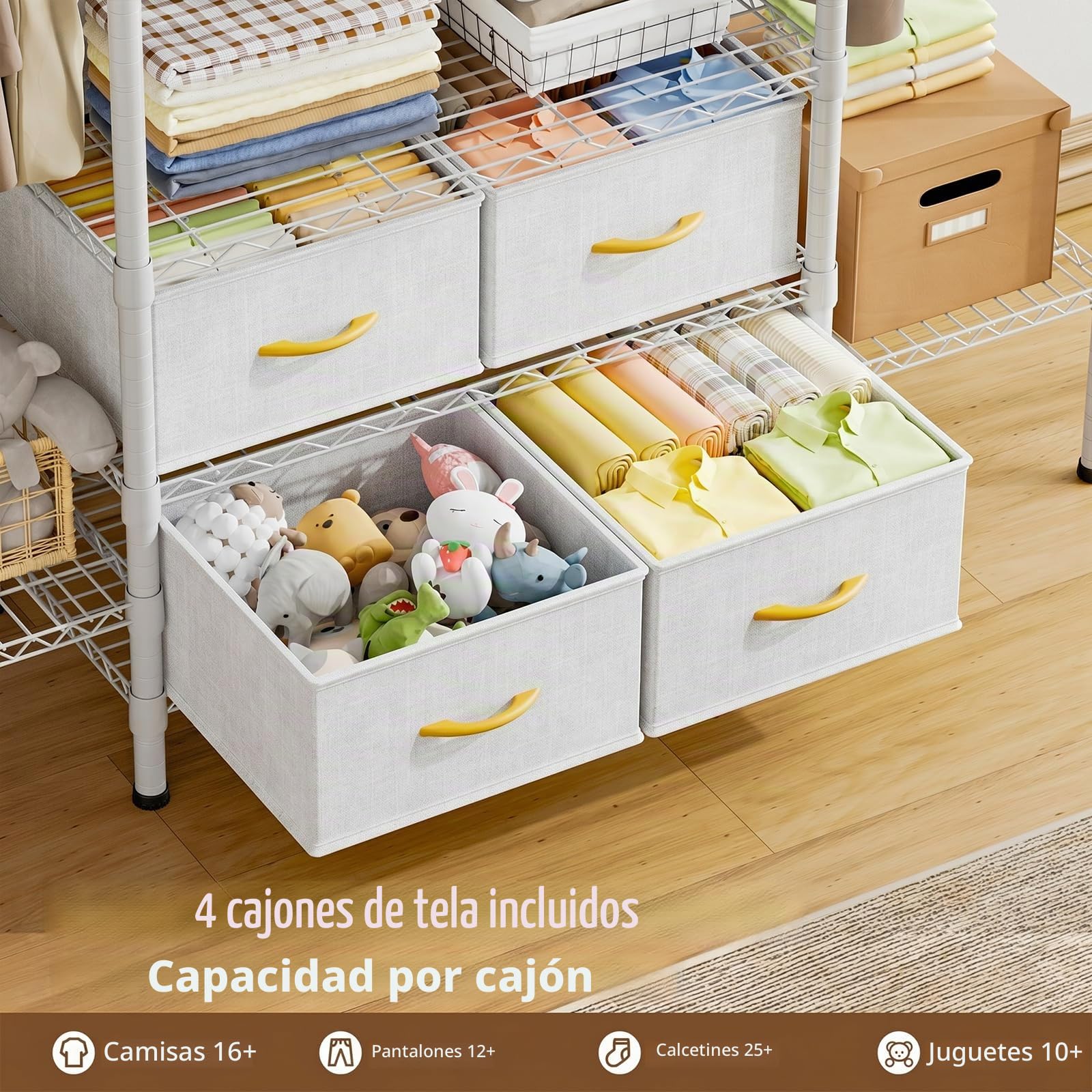 Himimi Perchero con 4 Cajones, Armario Abierto con 3 Barras para Ropa & Estantes de Altura Regulable, Estructura Metálica Resistente para Dormitorio, Lavadero, Balcón 154x40x180cm Blanco
