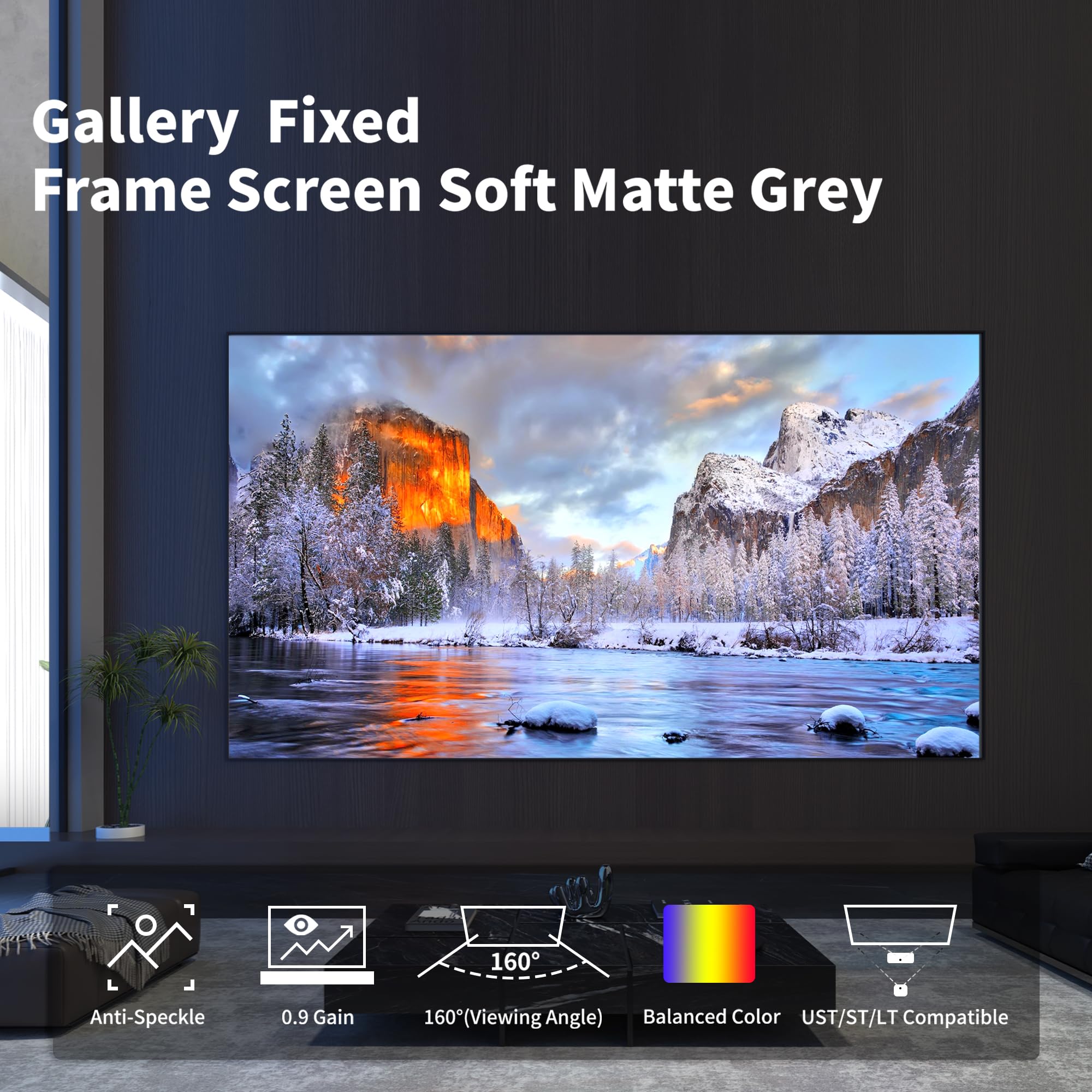 Gallery Pantalla de Proyección Soft Matte Grey con Marco Fijo 16:9, Antispeckle, Montaje en Pared, Compatible con Todos los Proyectores, para Luz Tenue, 100 Pulgadas