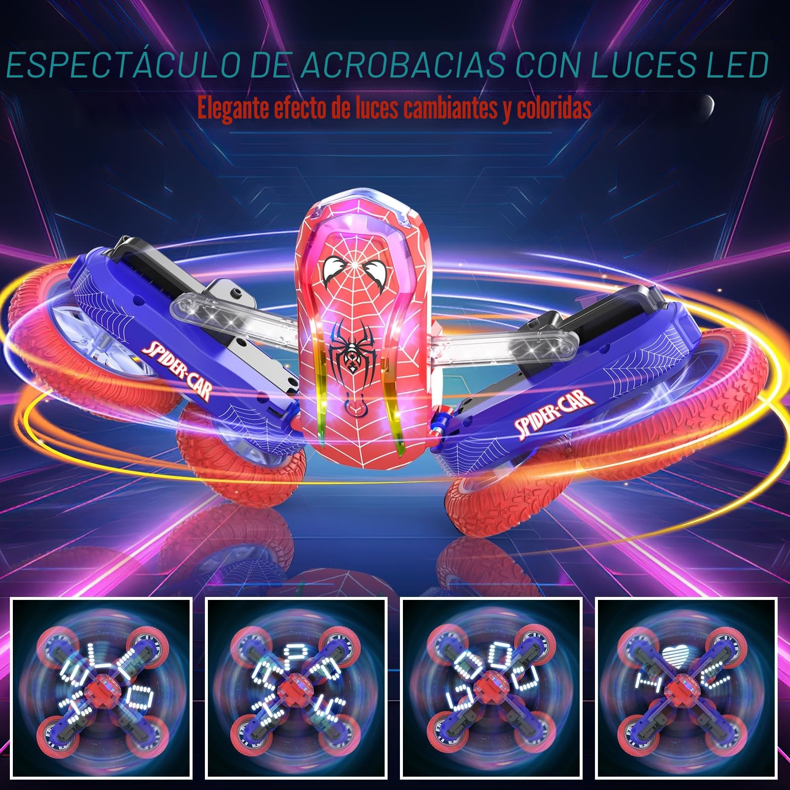 Coche Teledirigido Niños 4 5 6 7 8 9 10 Años, Spider Juguete Monster Truck RC Carro Radiocontrol Acrobático con Espectáculo de Luz, Remote Car Regalo Niña Cumpleaños Navidad Juego Infantiles Exterior
