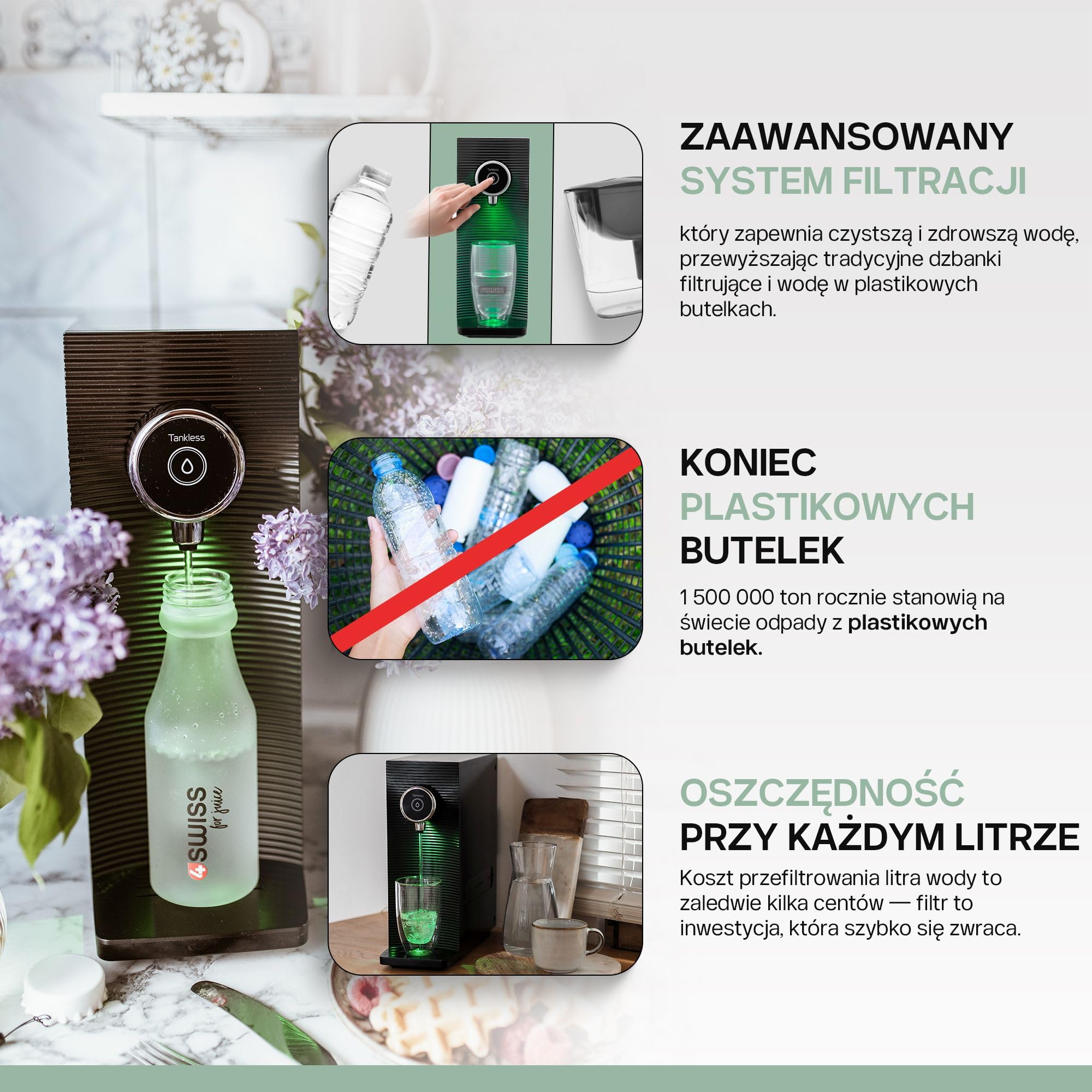 System filtracyjny 4SWISS do wody użytkowej, 5-stopniowy system bezpośredniego filtrowania wody pitnej z trzema wymiennymi wkładami i czterema trybami dozowania wody
