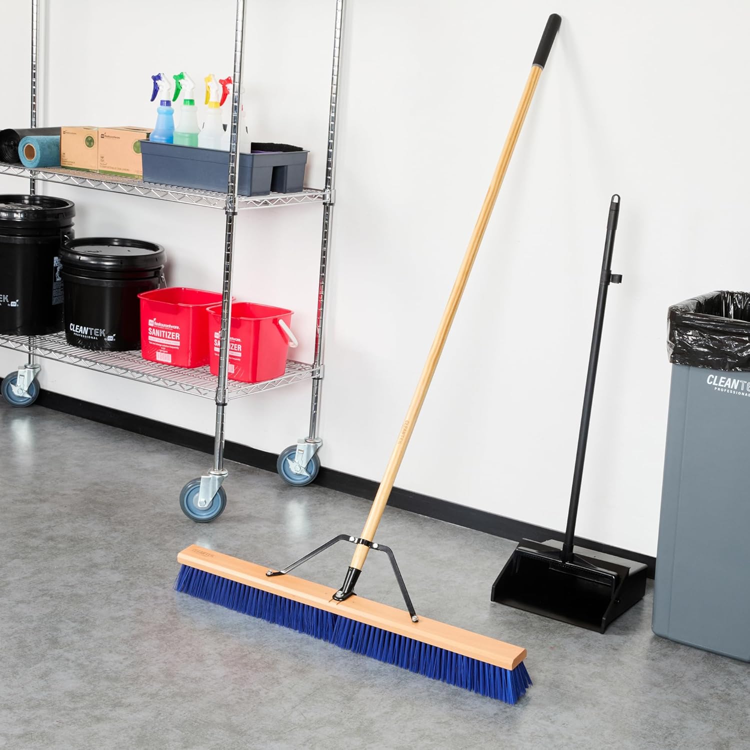 Restaurantware-Clean Tek Professional 36 Inch Push Broom, 1 Heavy-Duty Broom with 60” Handle - Medium Plastic Bristles, Durable, Wooden, Commercial Use, for Deck, Driveway, Garage, Yard, Patio