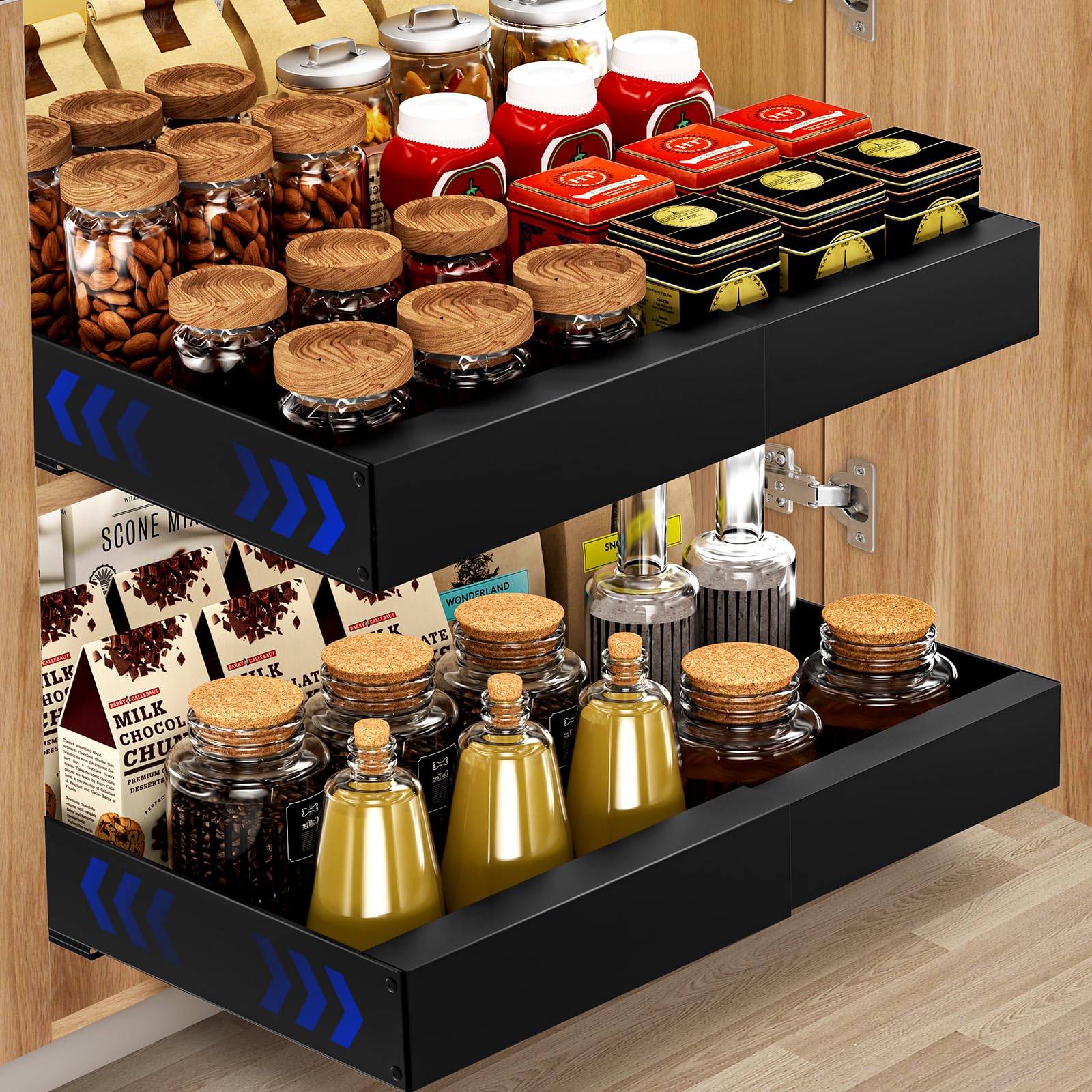 Organizer espandibile per armadietti, confezione da 2 cassetti scorrevoli adesivi per mobili da cucina, dispensa, bagno, cassetti scorrevoli, resistenti, per cucina, confezione da 1
