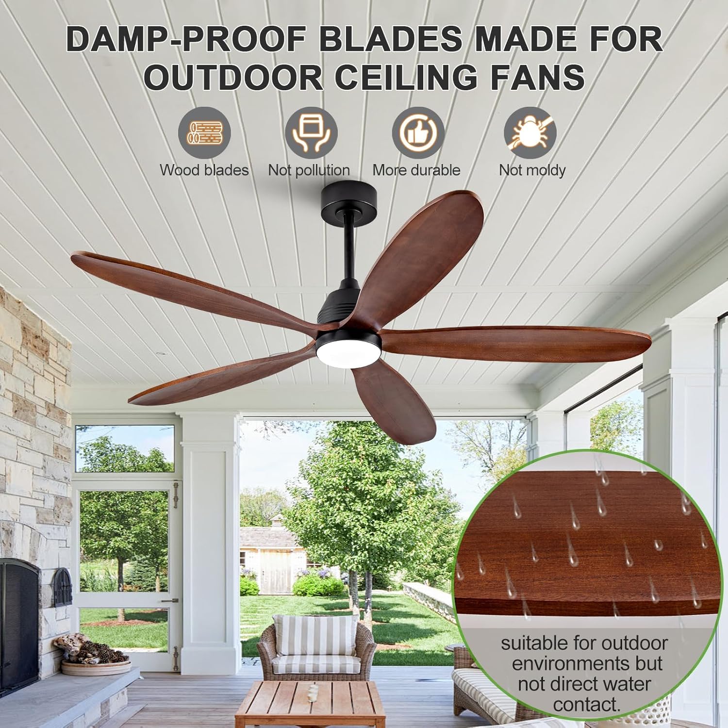 60 Inch Wood Ceiling Fans with Lights and Remote, Modern Outdoor Ceiling Fan with Light for Patio, Dimmable, Wall Switch, 5 Blades, Reversible DC Motor, Memory Function (Black Walnut)