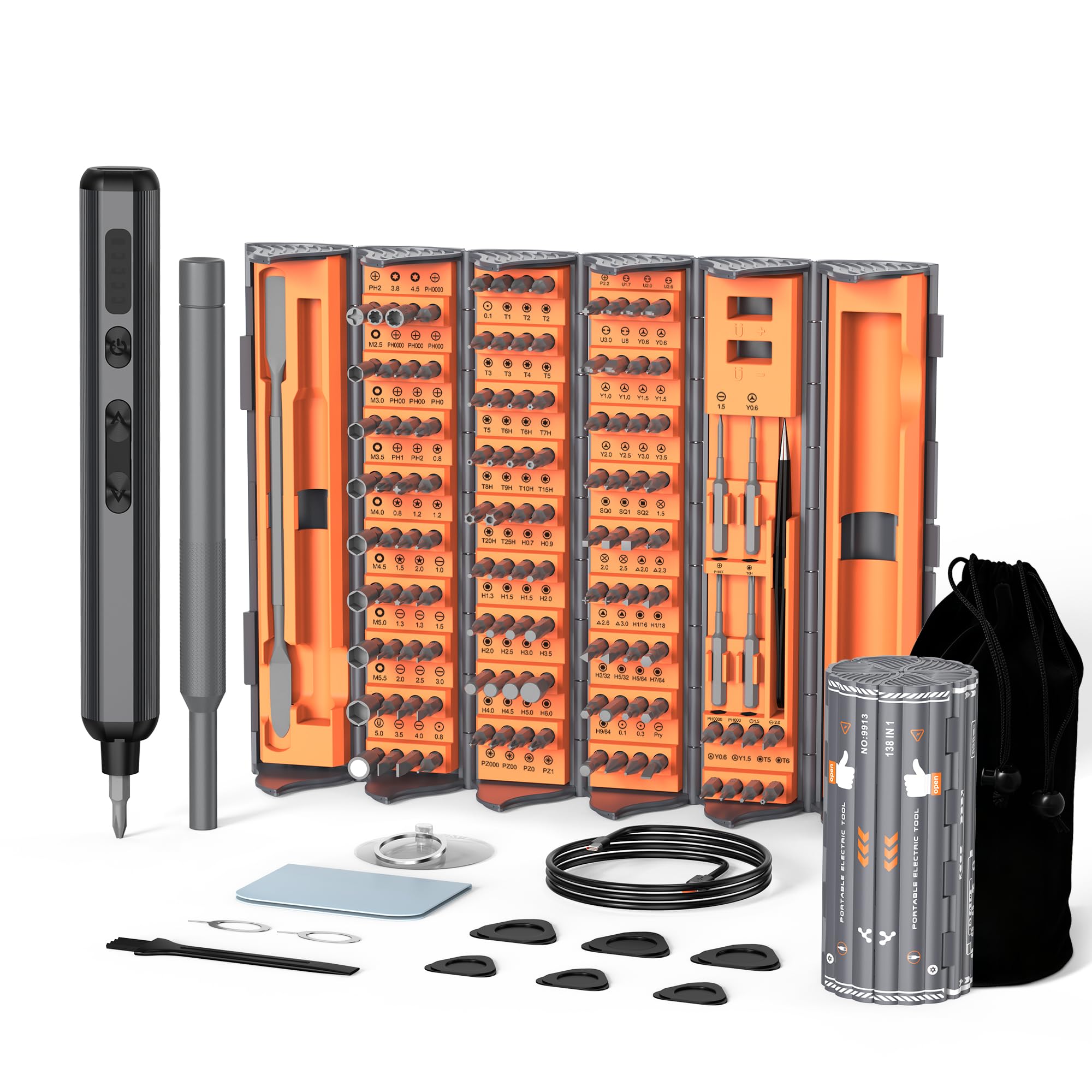 Set di cacciaviti elettrici 138 in 1, kit di cacciaviti di precisione senza fili, punte magnetiche per riparazione iPhone, PC, elettronica RC, orologio portatile (nero + arancione)
