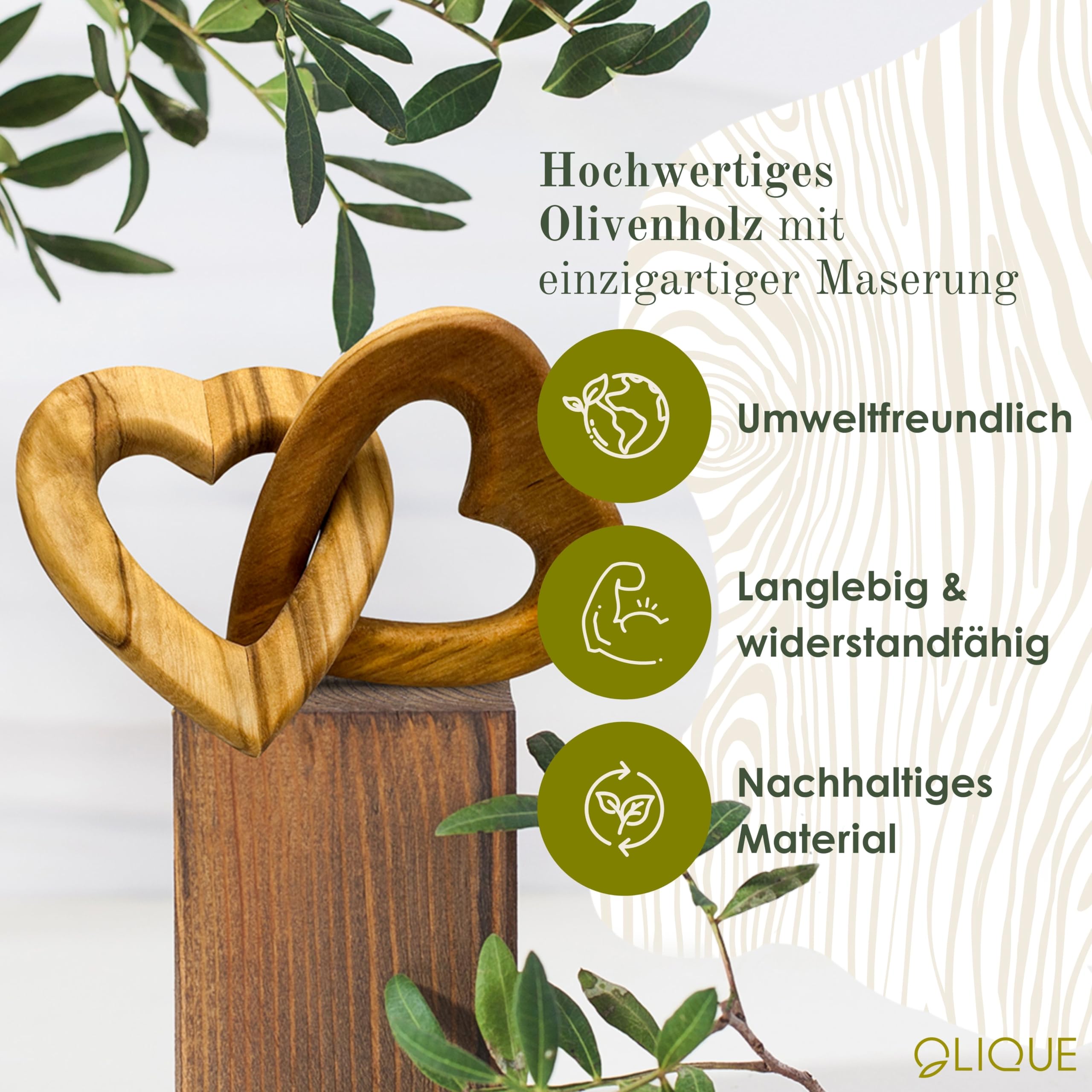 Cuori in legno, legno d'ulivo - Cuori collegati come regalo personalizzato (15 cm)