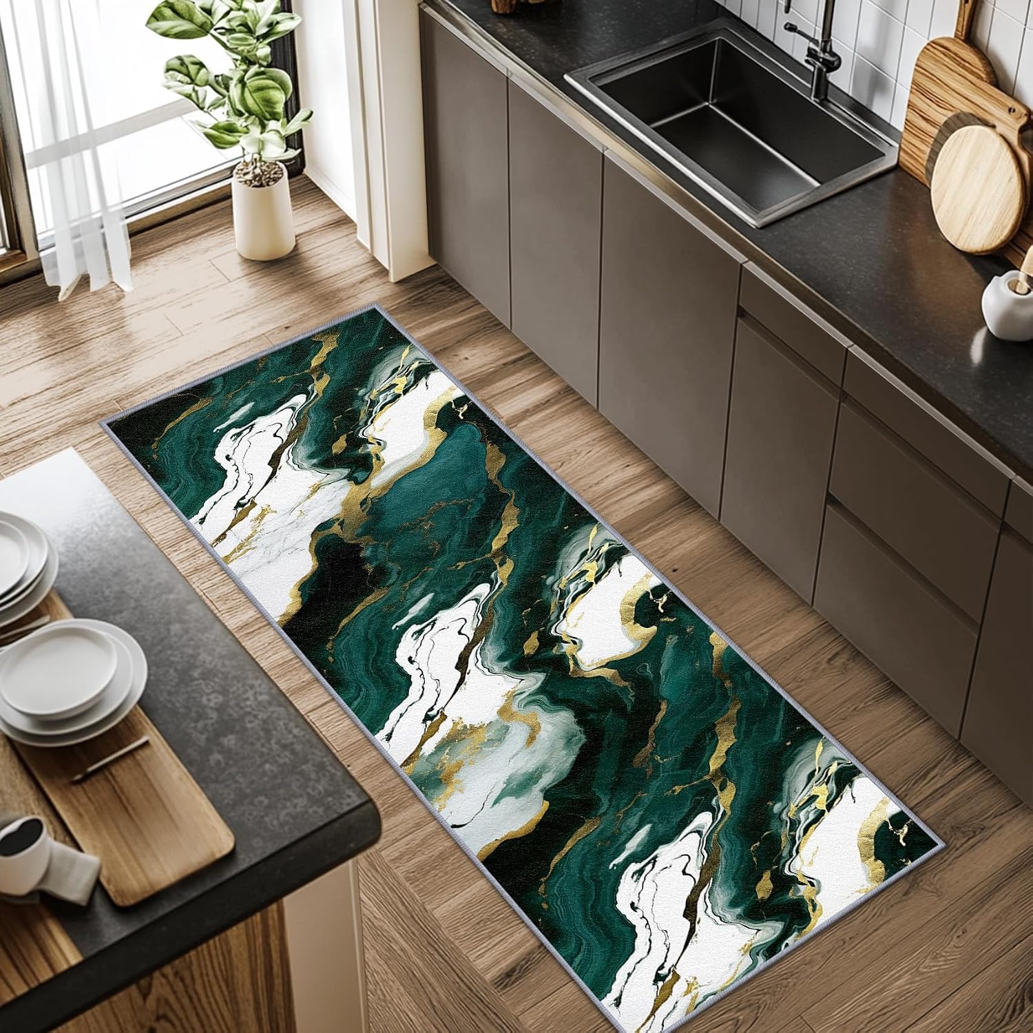 Marble Runner Rug, 2x6ft, Emerald Green White and Gold Runners for Hallways, Abstract Modern Luxury Runner Rug Non Slip Soft Home Decor