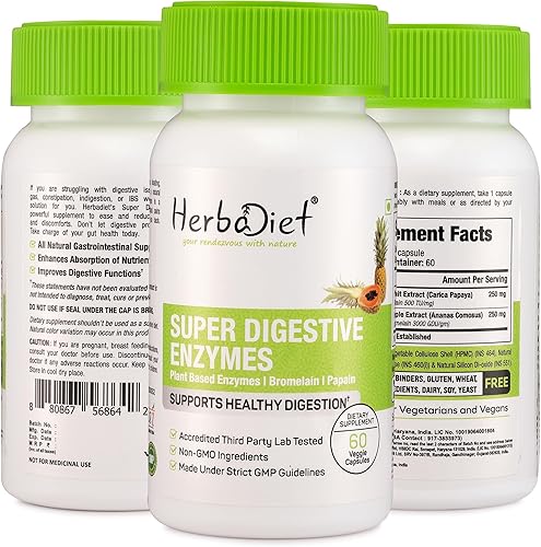 Miniatura 7 de Herbadiet Suplementos de enzimas digestivas | Cápsulas de bromelina y extracto de papaína de 500 mg | Enzimas proteolíticas con lipasa lactasa