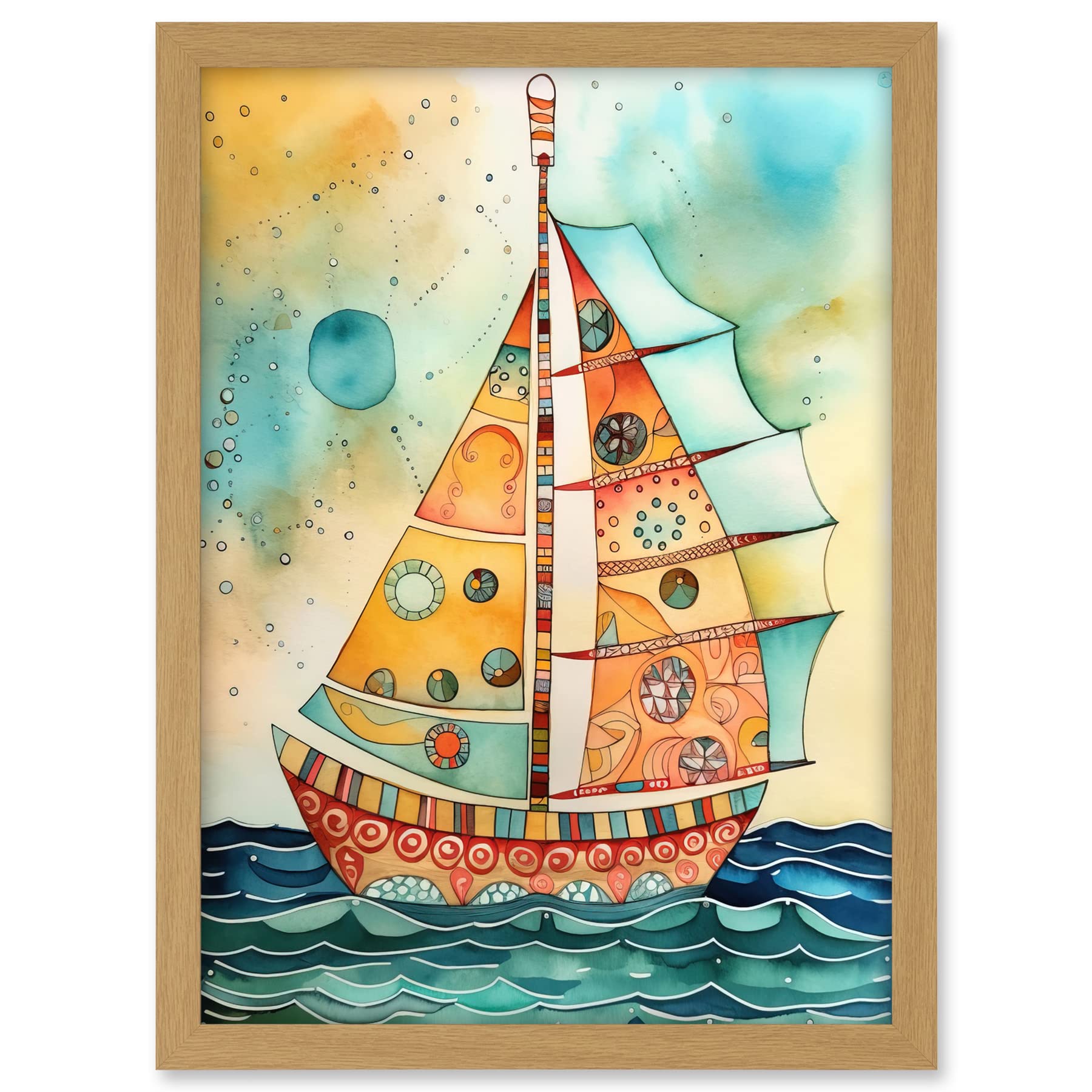 Artery8 Sailboat Concept With Dorsal Fin Sail Folk Art Artwork Framed A3 Wall Art Print