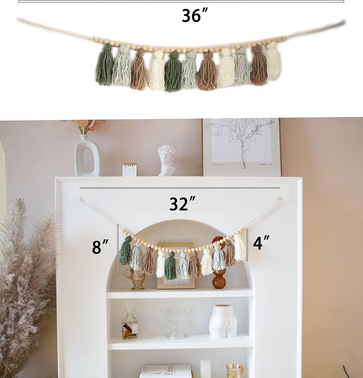 Tassel Garland - Boho Tassel Garland with Wood Beads - Wall Decor for Dorm, Girls Room and Nursery Room - Olive Green (36 inch)