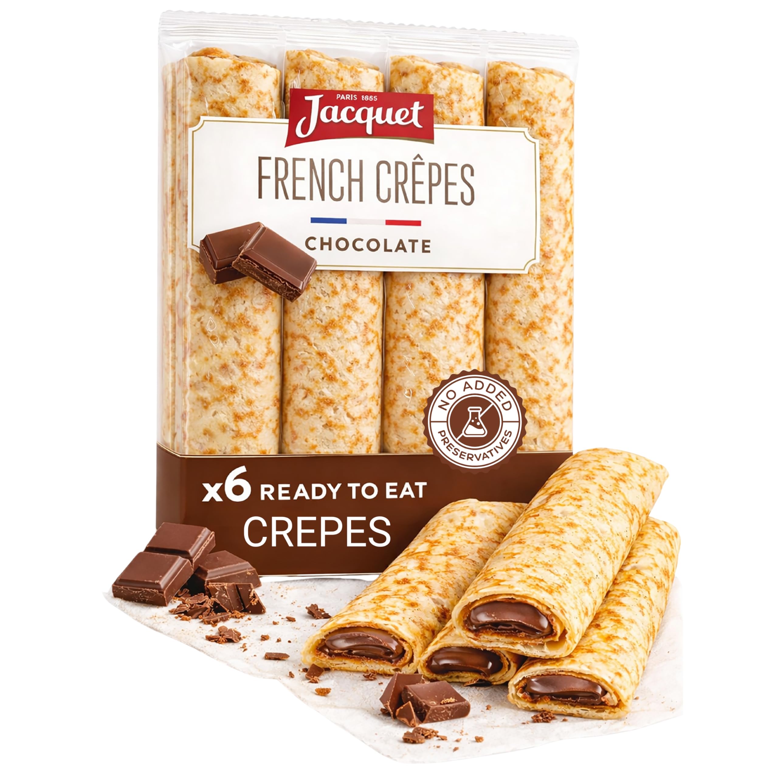 Jacquet Crepes Ready to Eat, French Chocolate Filled, Authentic French Snacks, Pack of 6 Pieces, 6.77 Ounce - Ideal for Quick Breakfast or Dessert