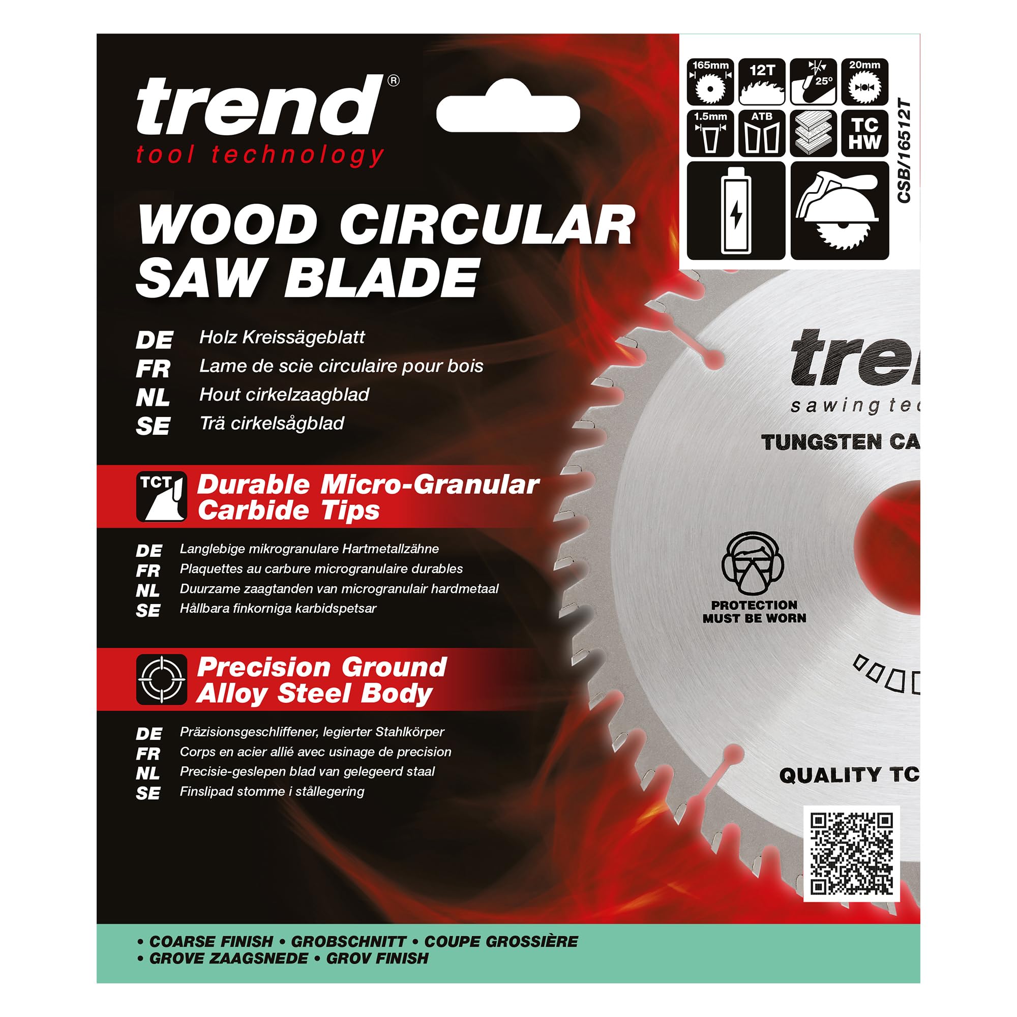 Trend Lame de scie circulaire sans fil Wood, diamètre 165 mm, alésage 20 mm, 12 dents, trait de scie 1,5 mm, crochet +25°, TCT, finition grossière, CSB/16512T