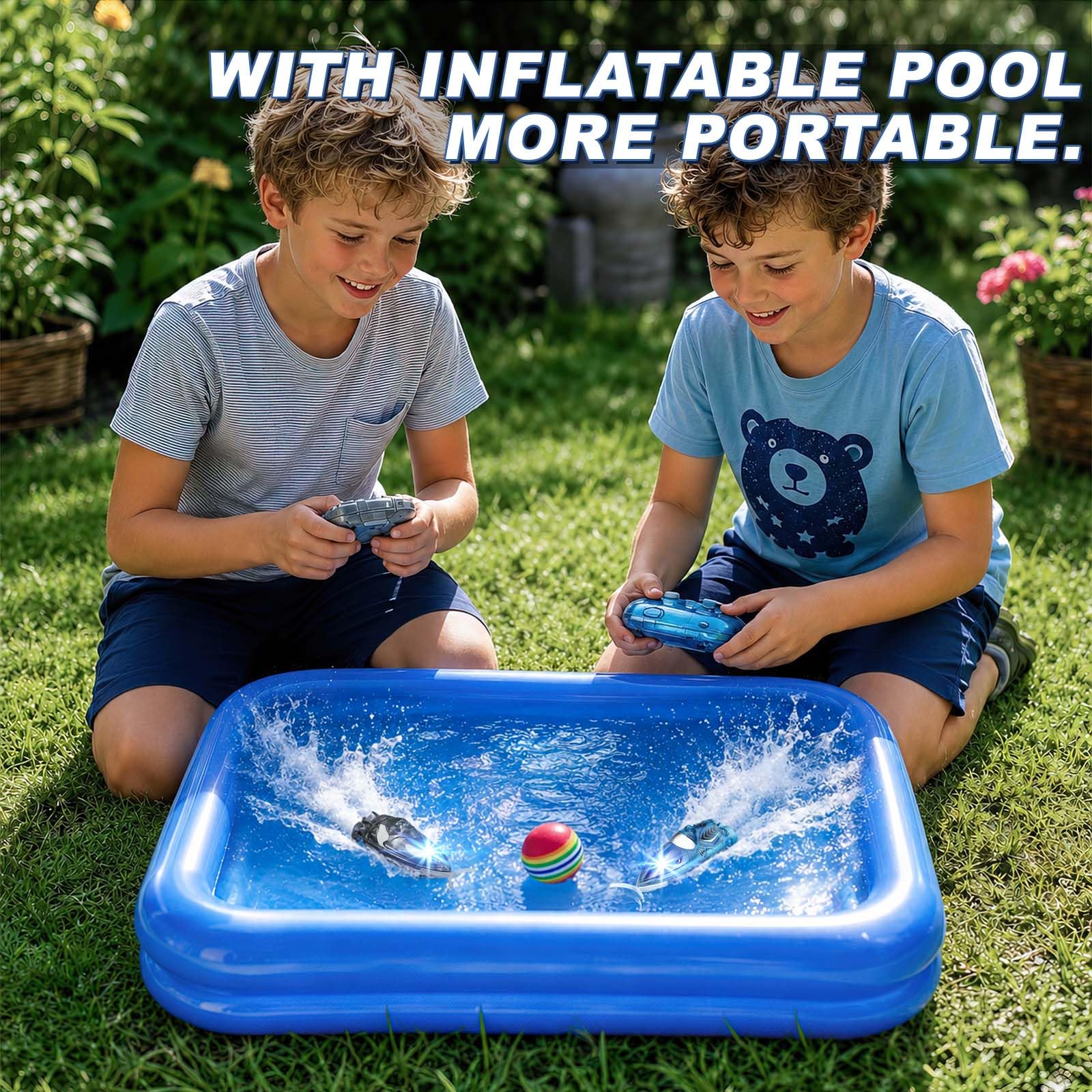 Mini Barco Teledirigido Pack de 2, Barco RC 2,4 GHz con Luces LED de Colores, Juego con Pelota de Espuma, Giro 360° y 2 Velocidades, con Piscina Hinchable, para Bañera y Piscina, Regalo para Niños