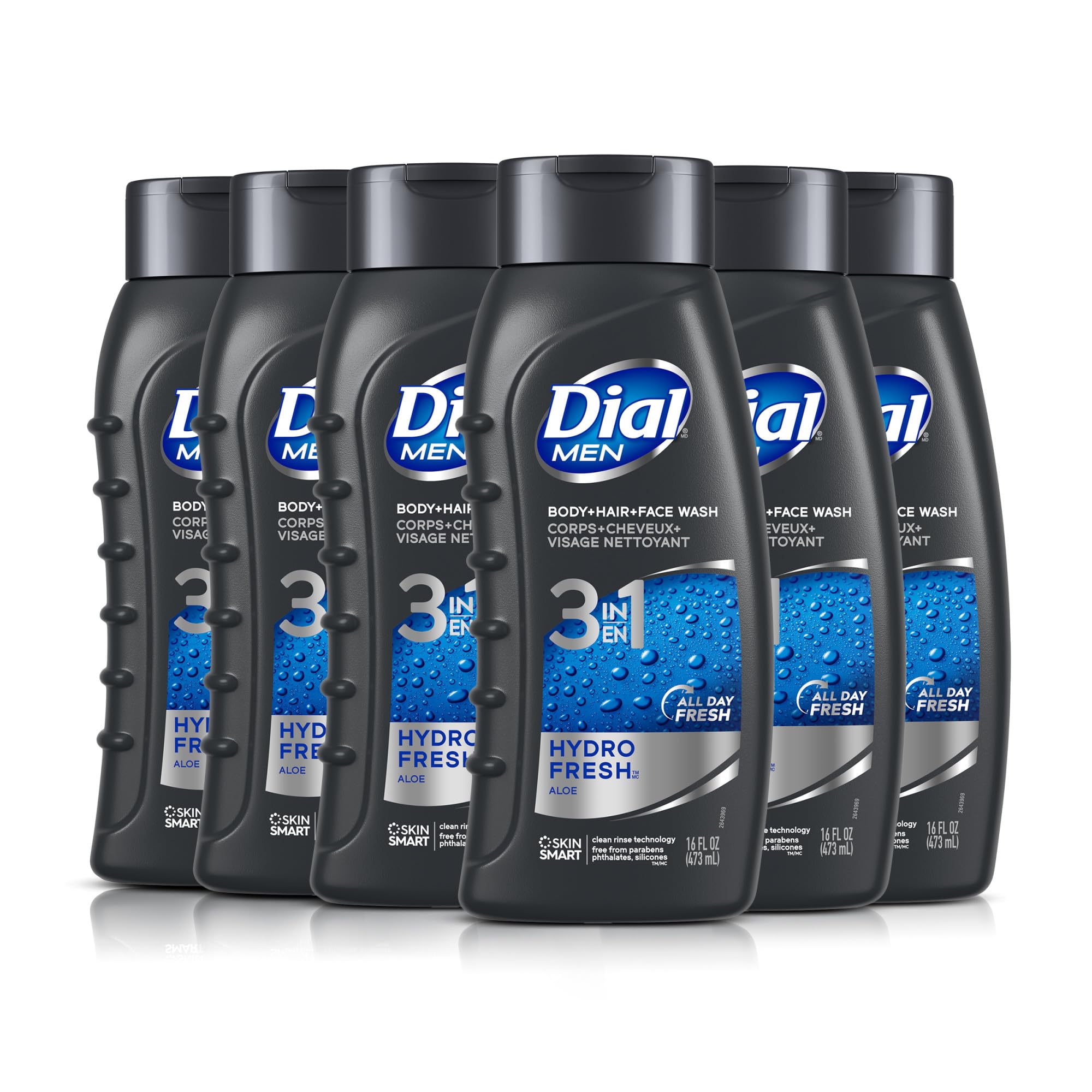 Dial Men 3in1 Body, Hair and Face Wash, Hydro Fresh, 16 fl oz, Pack of 6