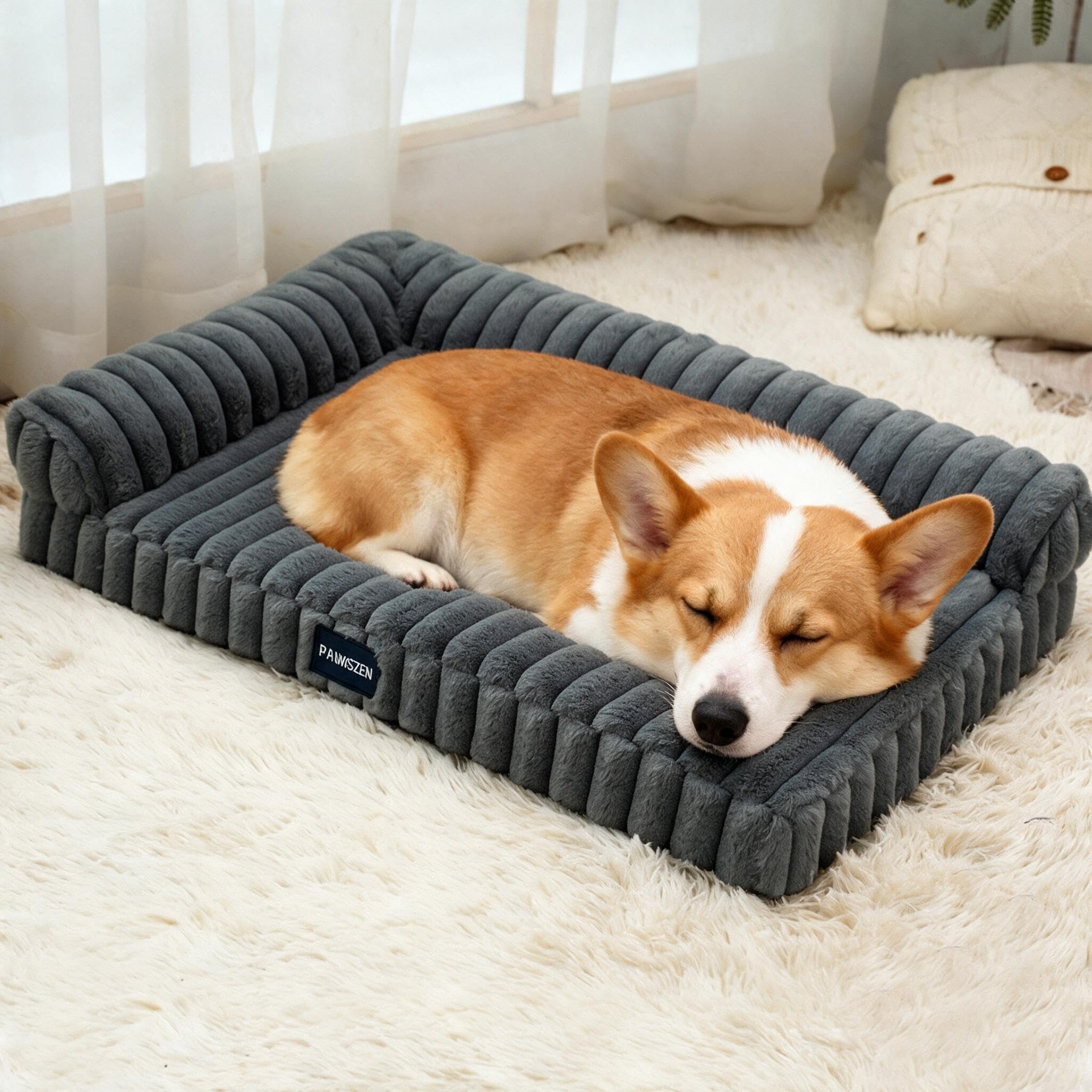 LiveGo Orthopedic Large Dog Bed, Fluffy Egg-Crate Foam Pet Sofa with 2-Sided Bolsters, Washable & Waterproof Removable Cover, Anti-Slip Base, Ivory - for Dogs up to 45kg(Dark gray, 120 * 75 * 18cm)
