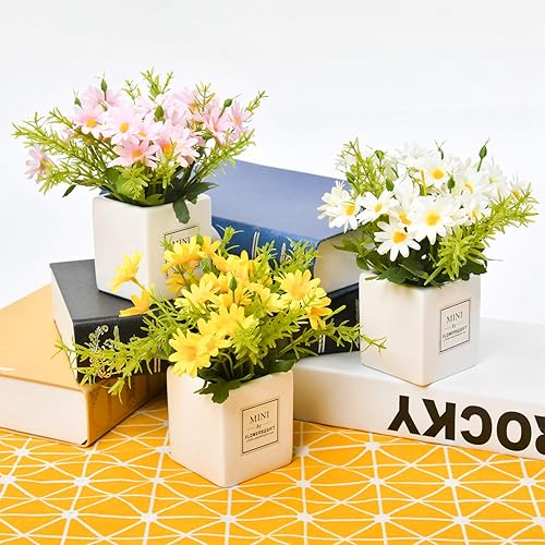 Miniatura 7 de AIFUSI Flores artificiales, flores sintéticas en jarrón, decoración de margaritas blancas pequeñas, margaritas artificiales sedosas, decoración de