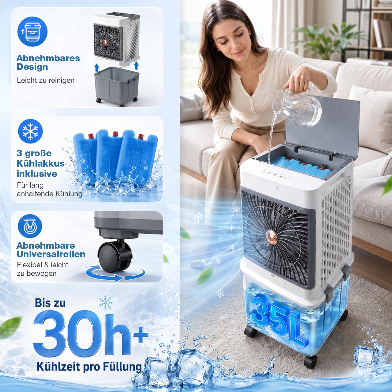 Luftkühler mit Wasserkühlung, 35L Wassertank und Fernbedienung | Mobile Klimaanlage ohne Abluftschlauch, 120° Oszillation Timer 3 Stufen 70W Verdunstungskühler für Wohnung Raum Wohnzimmer