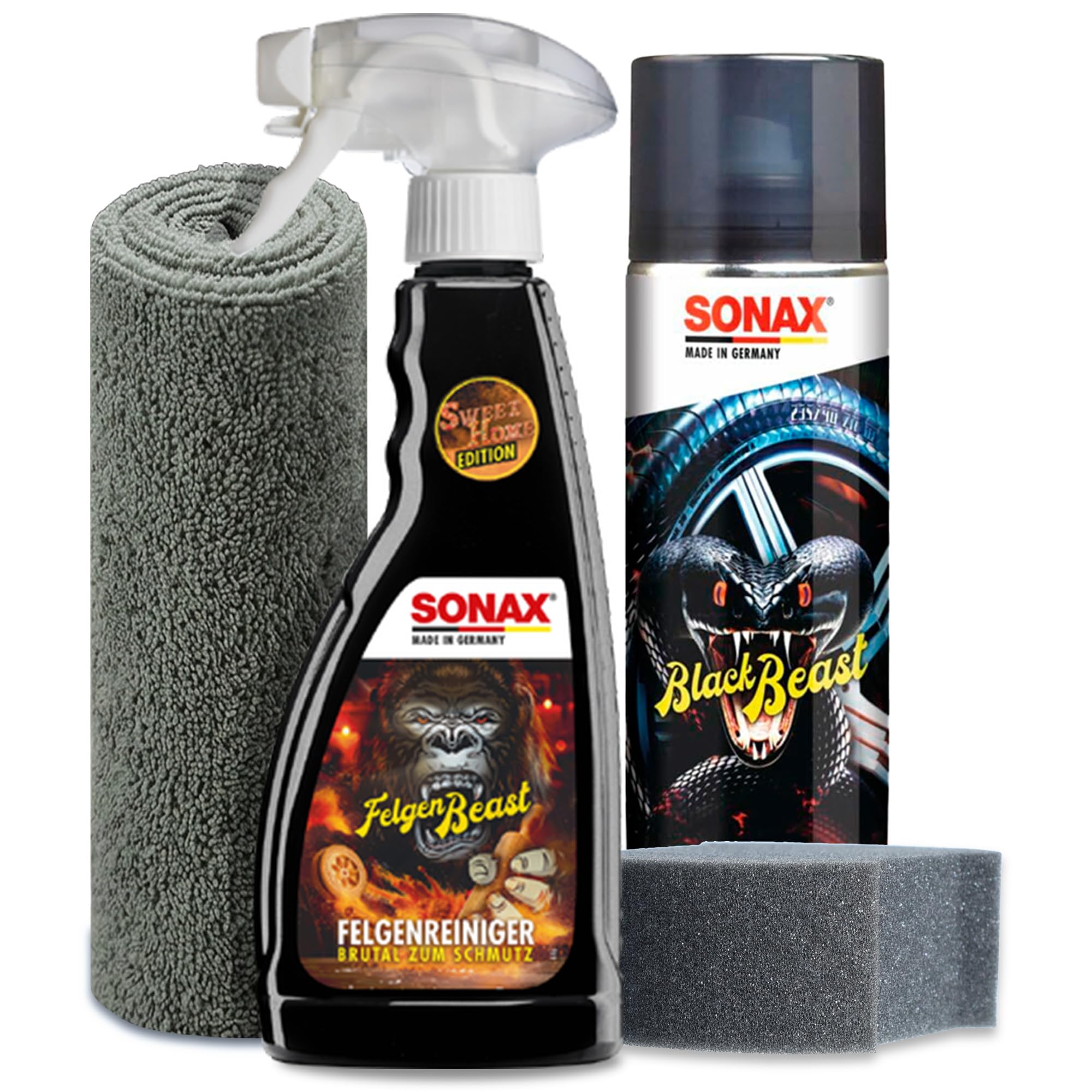 Auto Reifenpflege & Felgenpflege Set | Sonax ReifenGlanz Special Edition + FelgenBeast Sonderedition Felgenreiniger + Applikator Pad + Mikrofasertuch | Pflege & Reinigung von Felgen & Reifen
