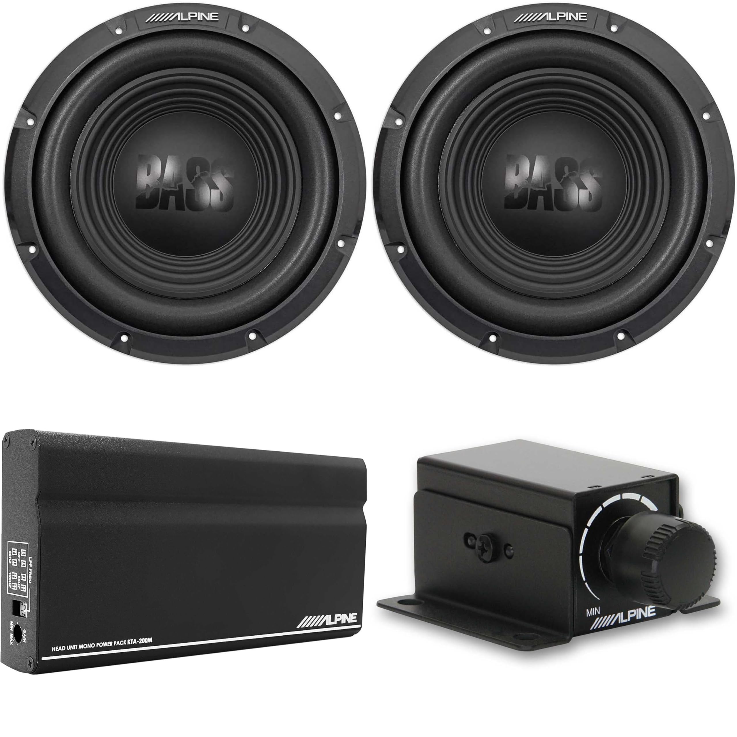 Alpine (2) W10S4 10-Inch Bass Subwoofer w/KTA-200M Mono Amplifier & Rux-Knob Bundle