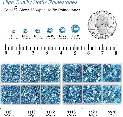 Miniatura 4 de BEADSLAND Hotfix - 6080 diamantes de imitación azules para ropa, manualidades, mezclados en 6 tamaños con lápiz de cera y pinzas, SS6-SS30,